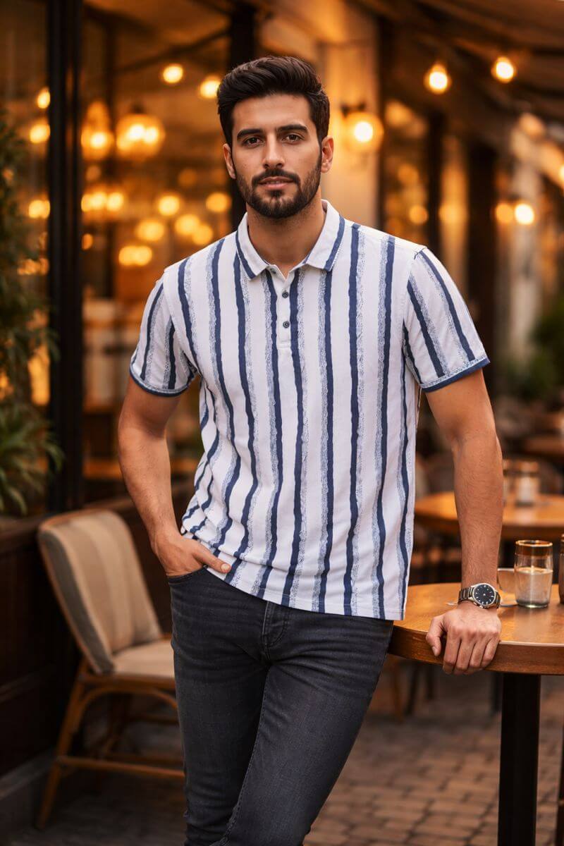Men’s Blue & White Vertical Stripe Polo T-Shirt – Premium Casual Half Sleeve