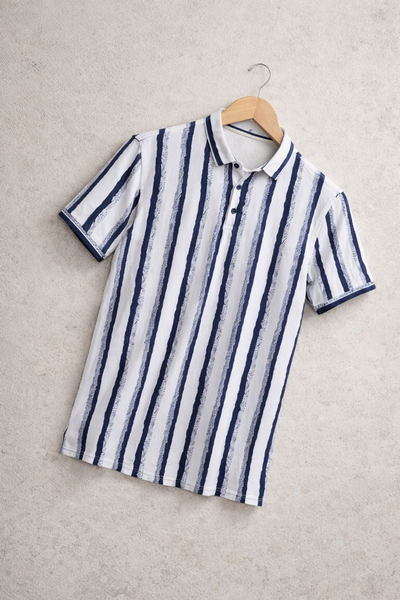 Men’s Blue & White Vertical Stripe Polo T-Shirt – Premium Casual Half Sleeve