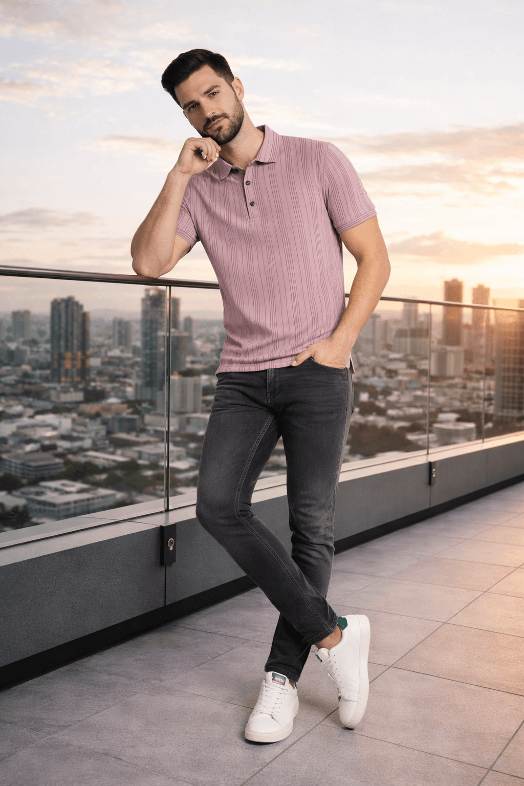 Men’s Light Pink Striped Polo T-Shirt | Premium Polyester Slim Fit Casual Polo Tee