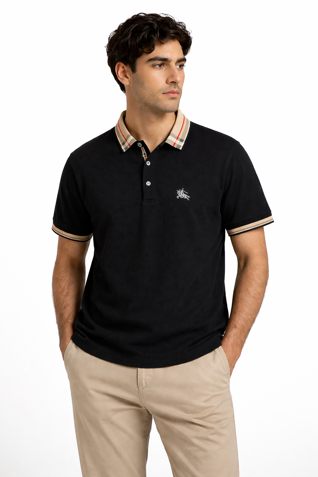 Men’s Premium Black Polo T-Shirt with Checked Collar | Korean Style Slim Fit Casual Polo Tee for Men