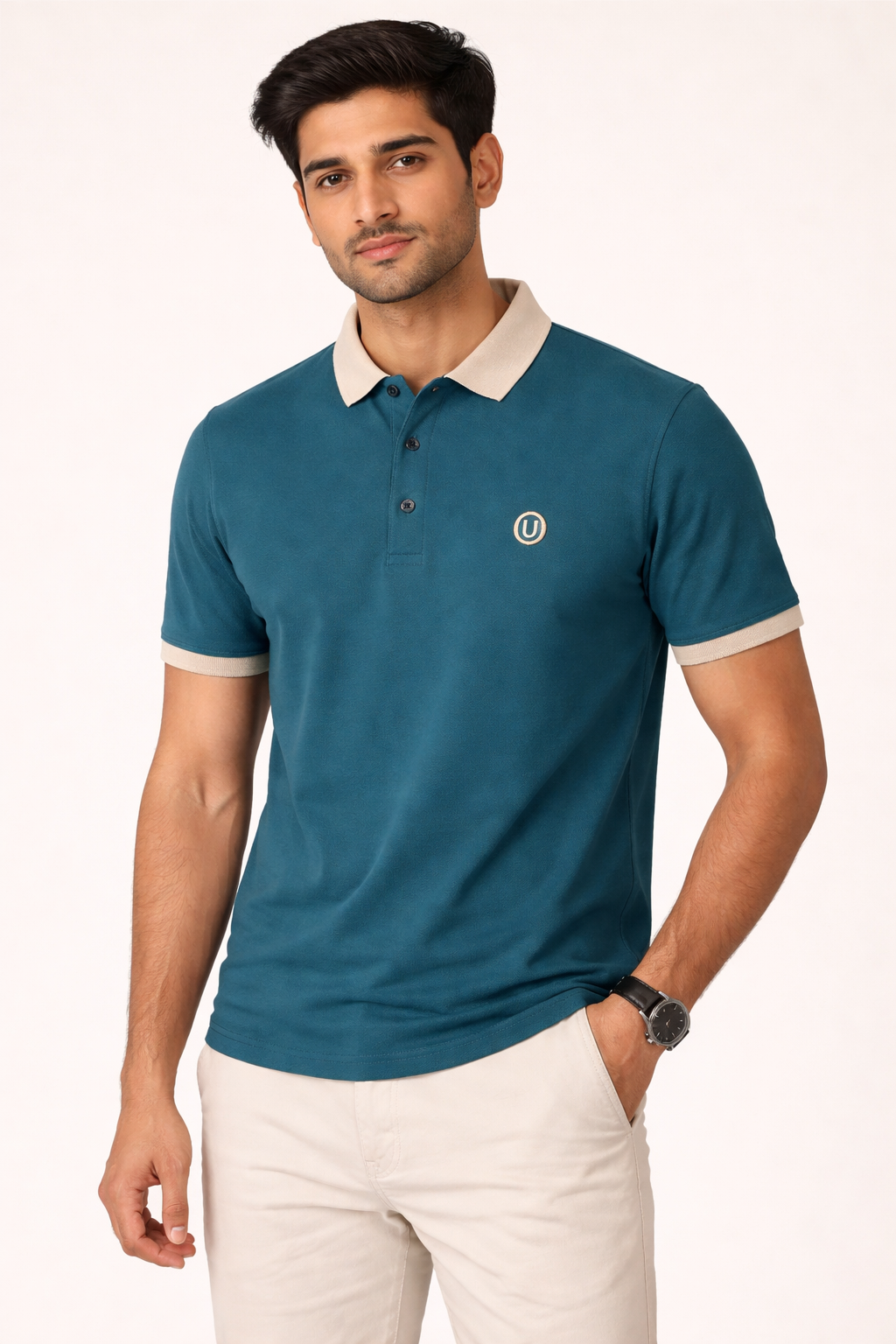 Men’s Teal Polo T-Shirt with Beige Collar | Premium Cotton Half Sleeve Polo T-shirt