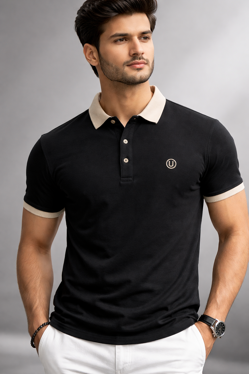 Men's Premium Black Polo T-Shirt – Beige Contrast Collar & Slim Fit Half Sleeves