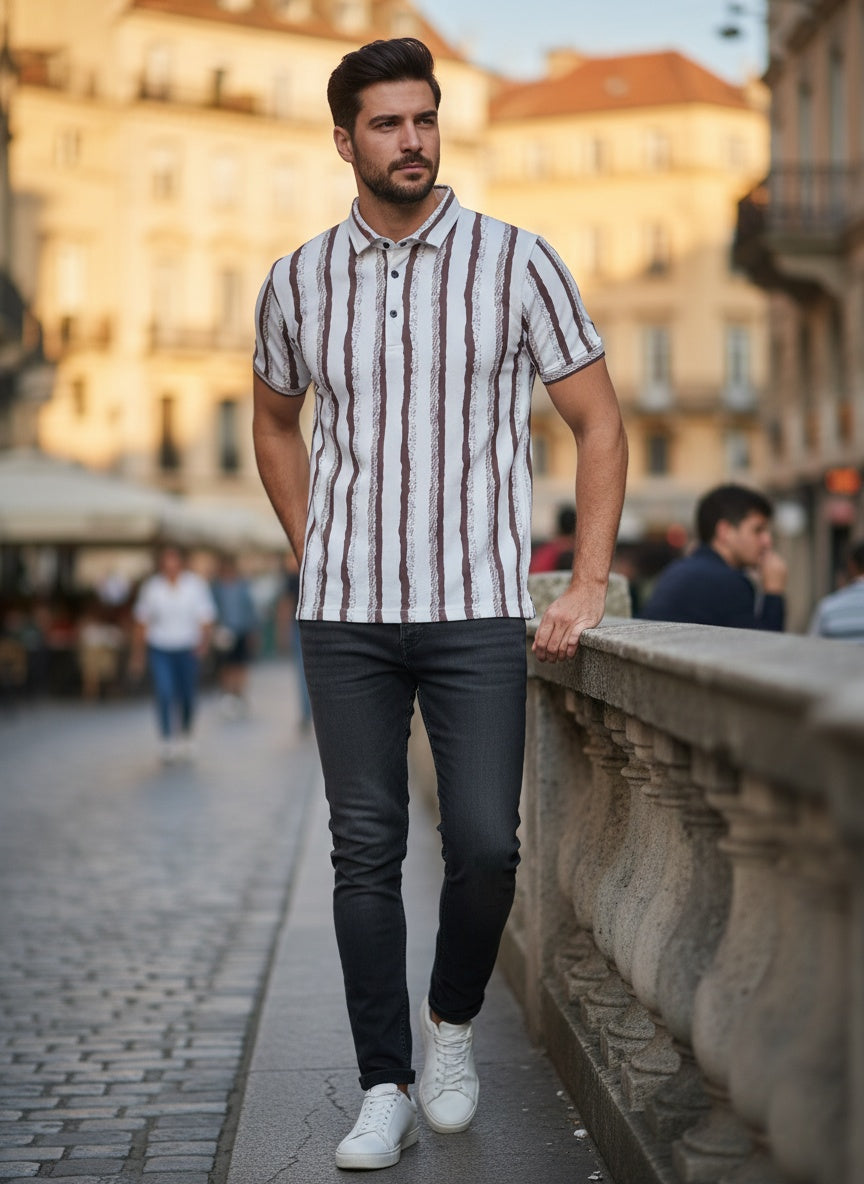 Men’s Maroon & White Vertical Stripe Casual Half Sleeve T-Shirt