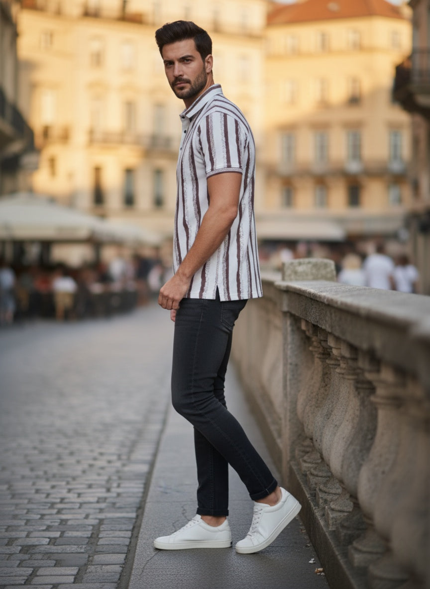 Men’s Maroon & White Vertical Stripe Casual Half Sleeve T-Shirt
