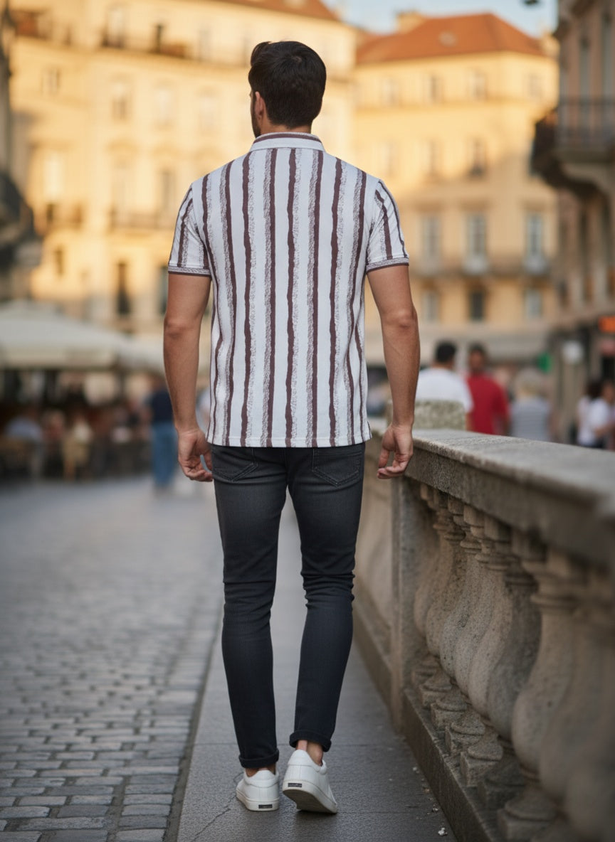 Men’s Maroon & White Vertical Stripe Casual Half Sleeve T-Shirt