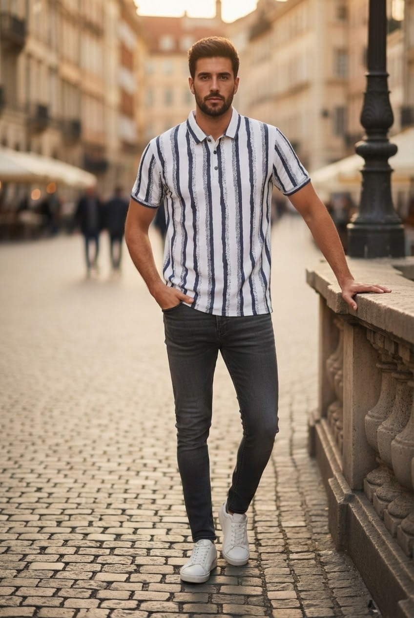 Men’s Blue & White Vertical Stripe Polo T-Shirt – Premium Casual Half Sleeve