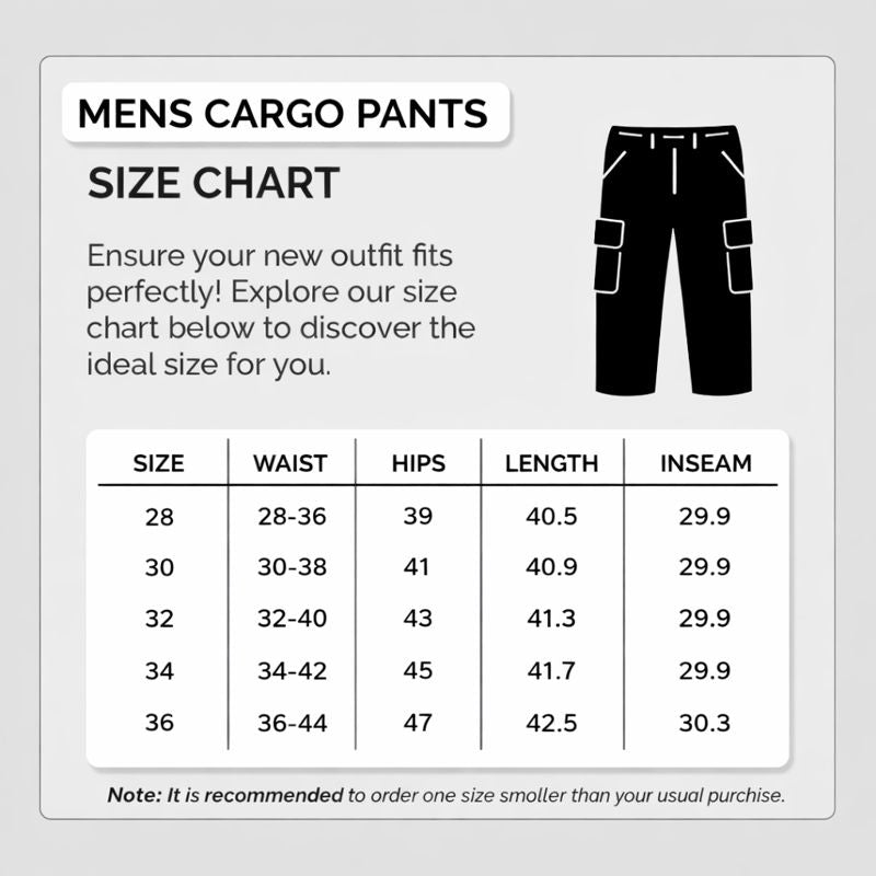 Size chart for Men’s Green Cargo Pants for Men – Premium Slim Fit | Casual Comfort Wear