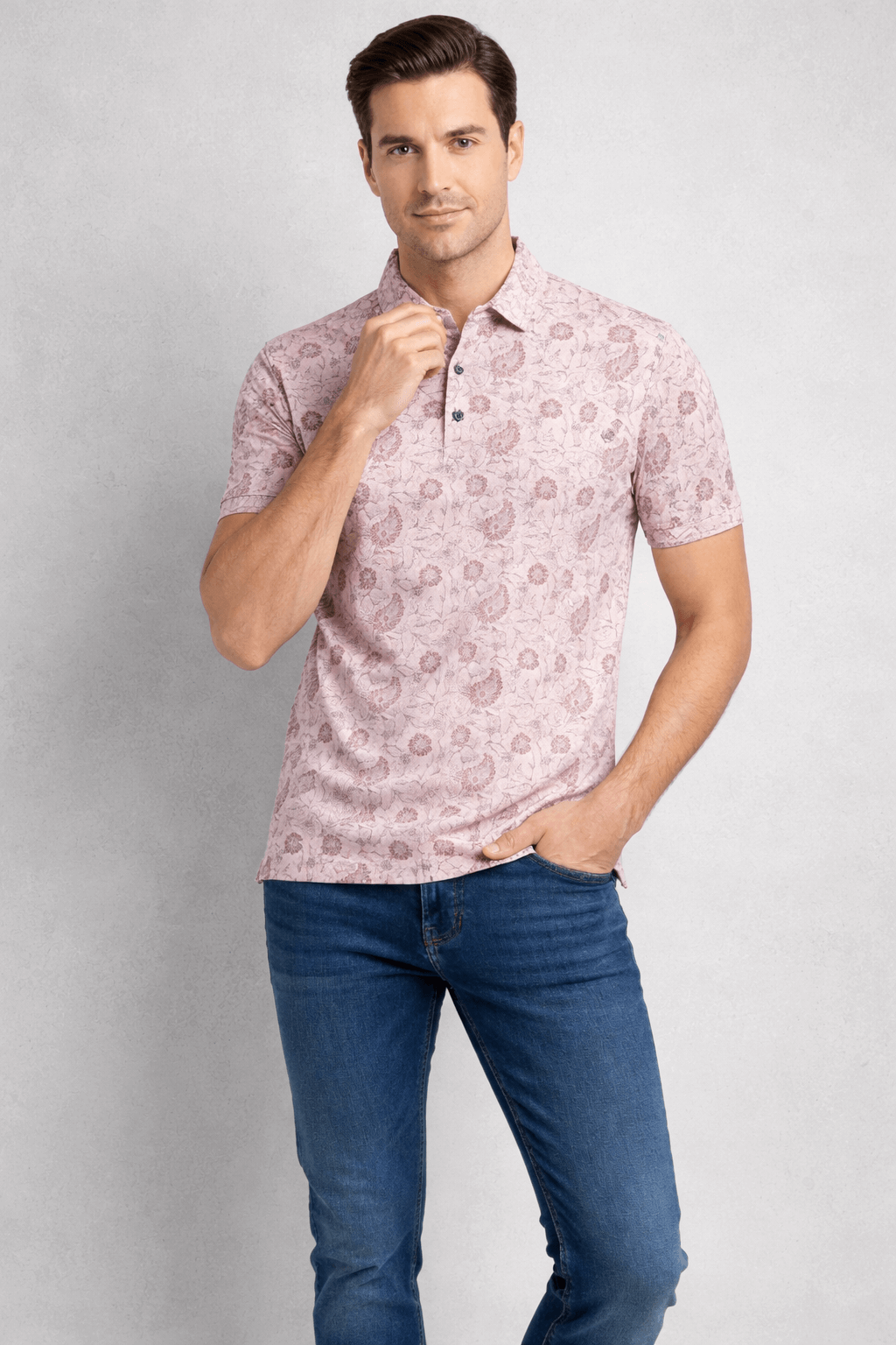 Men’s Classic Pink Floral Short Sleeve T-Shirt – Slim Fit Casual Wear | Stylish Summer Polo T-Shirt