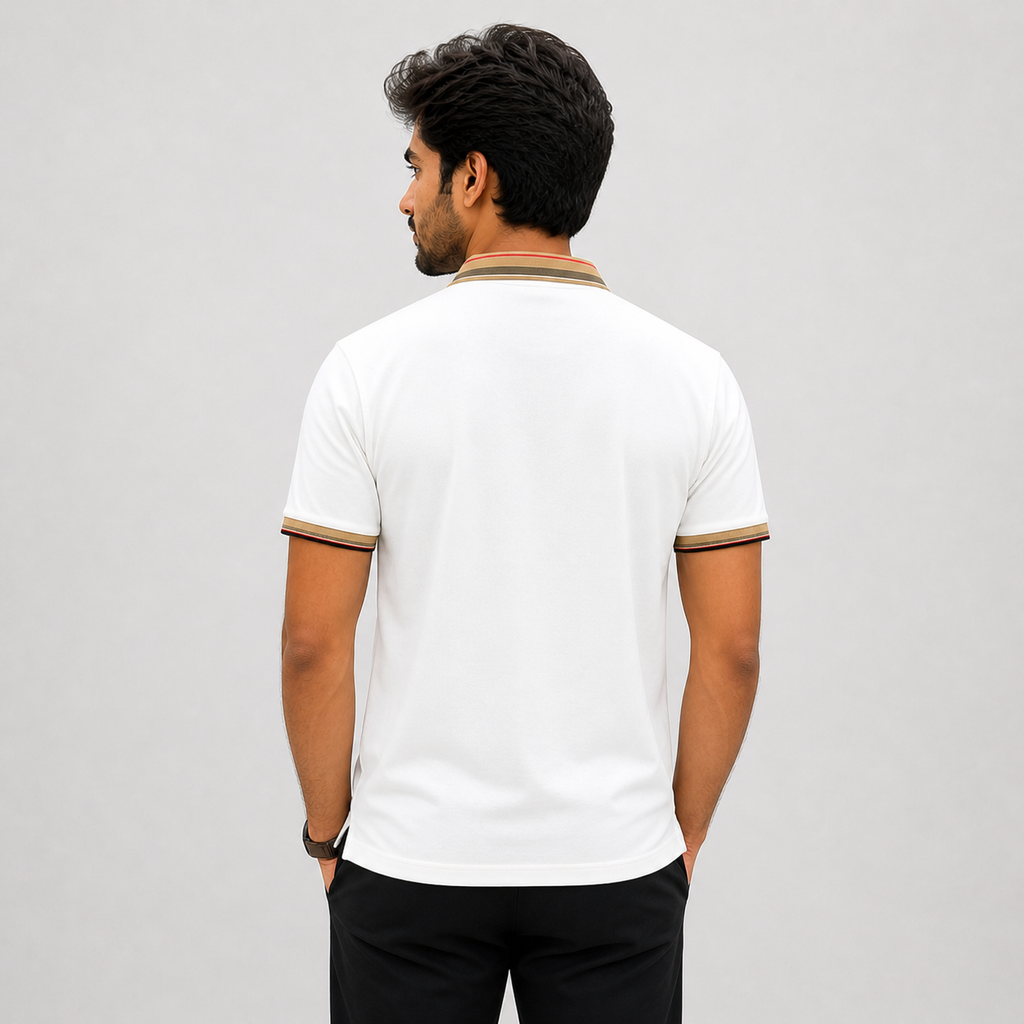 Men’s White Premium Polo T-Shirt with Checked Collar | Classic Slim Fit Casual Polo Tee