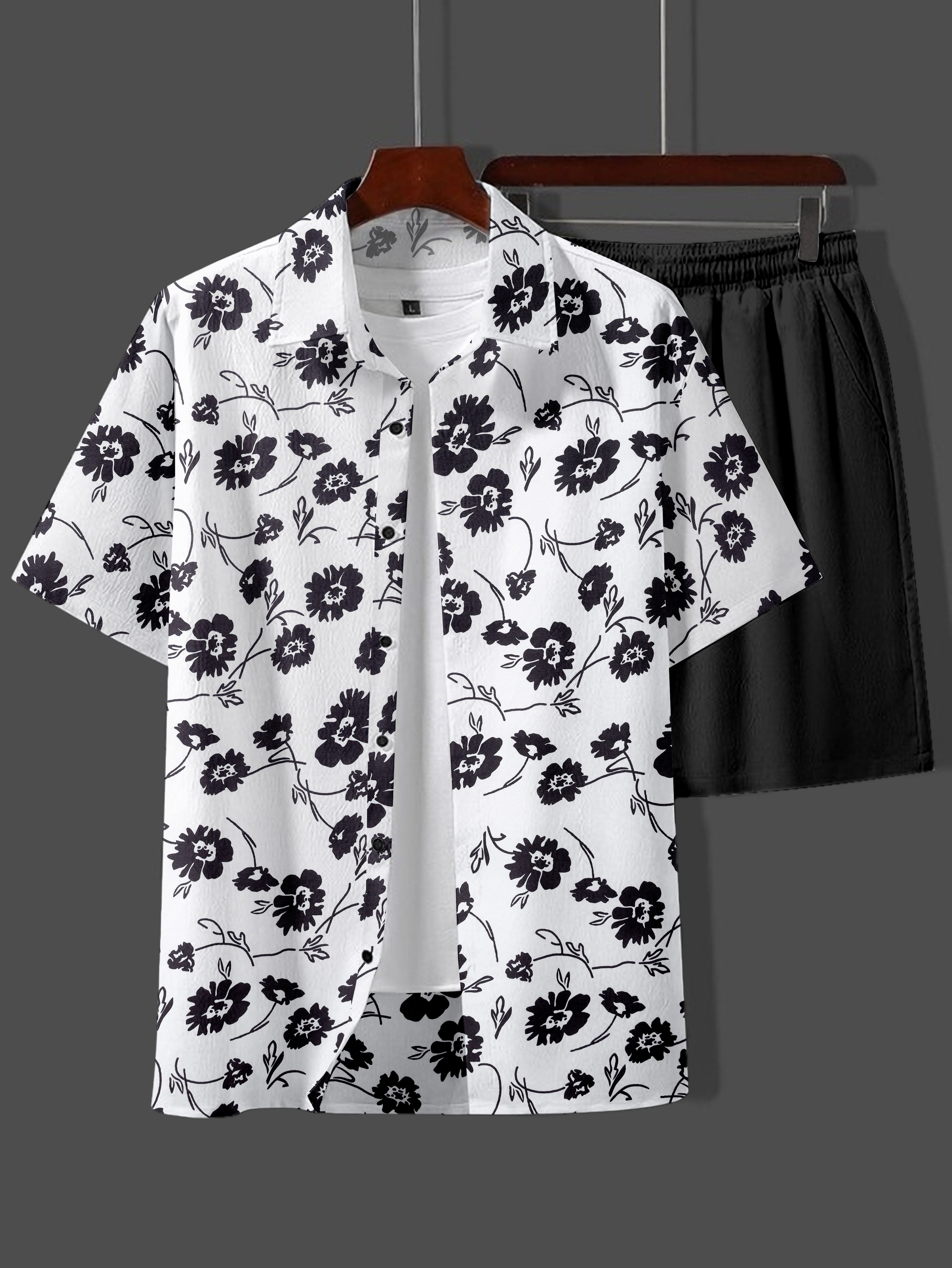 Lycra Night Suit Black Flower - Short-Sleeve Shirt & Shorts