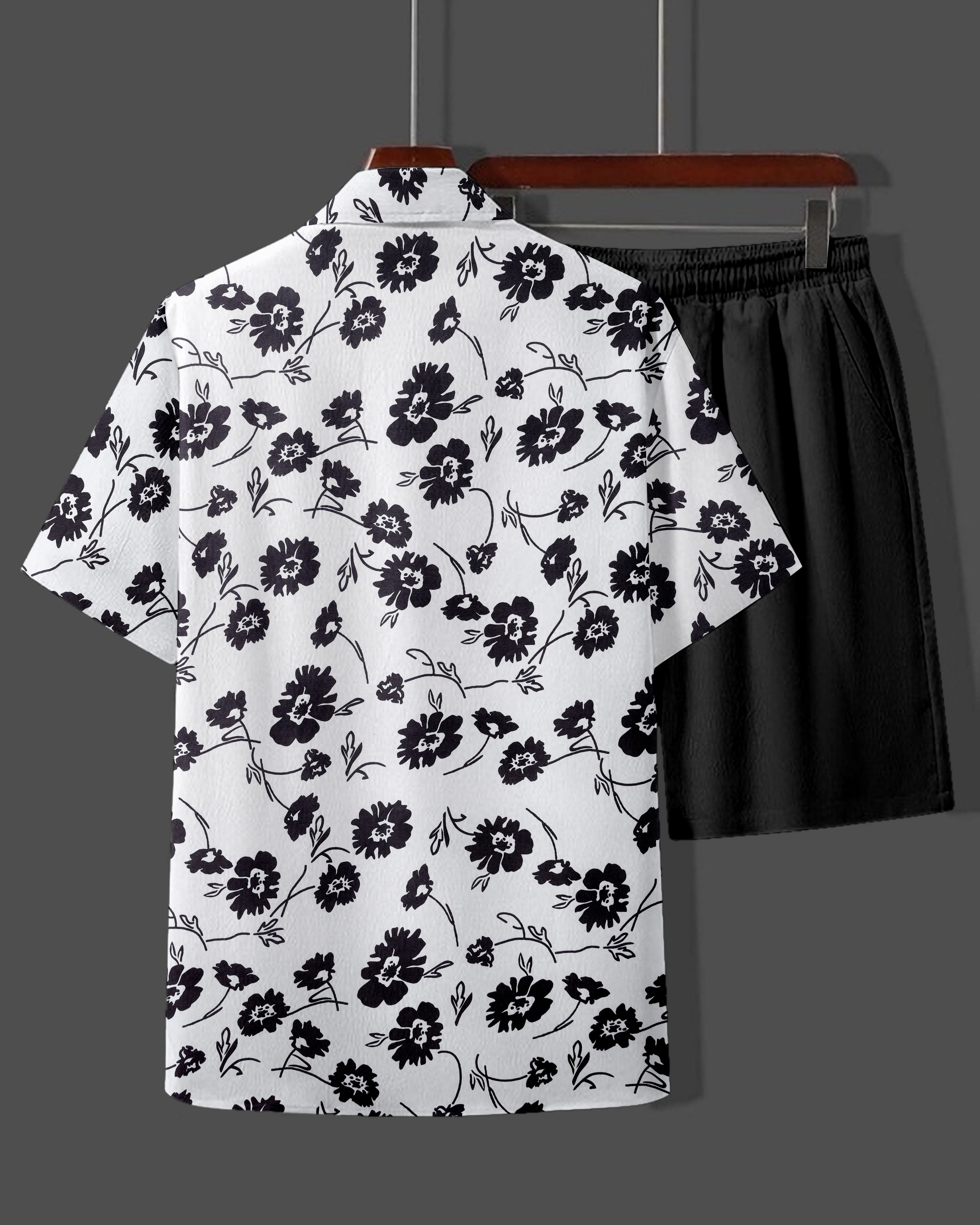 Lycra Night Suit Black Flower - Short-Sleeve Shirt & Shorts
