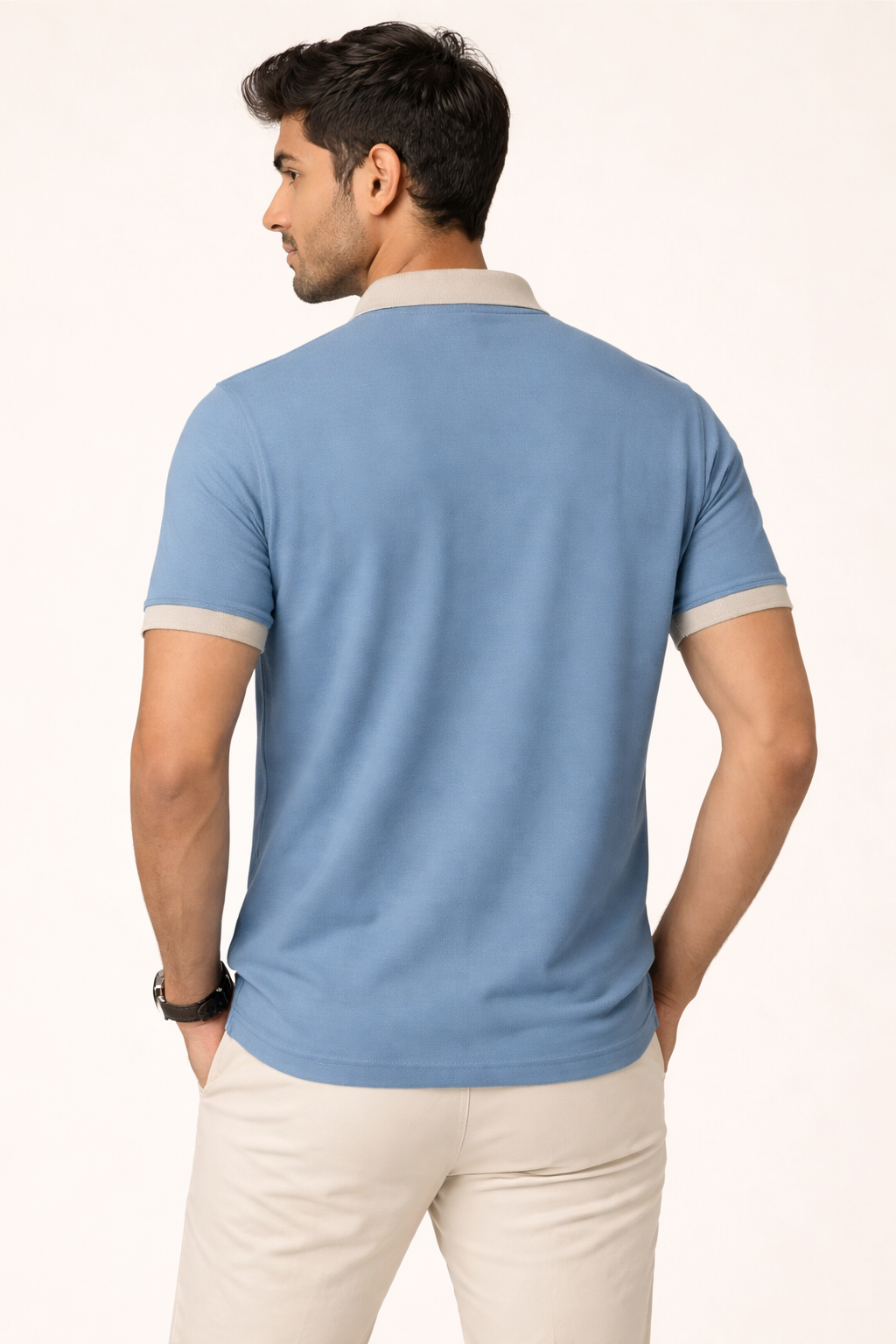 Men’s Sky Blue Polo T-Shirt with Contrast Beige Collar | Premium Cotton Slim Fit Casual Polo Tee