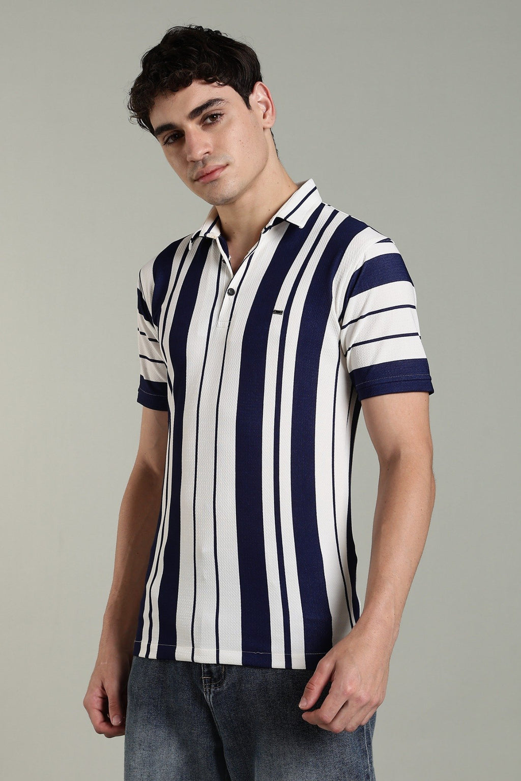 Men’s Premium Navy & White Vertical Striped Polo T-Shirt
