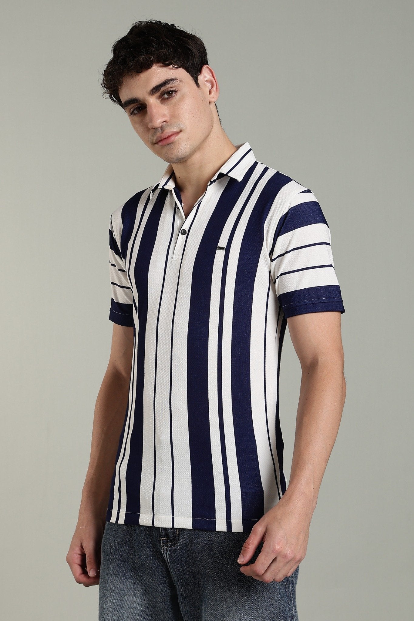 Men’s Premium Navy & White Vertical Striped Polo T-Shirt