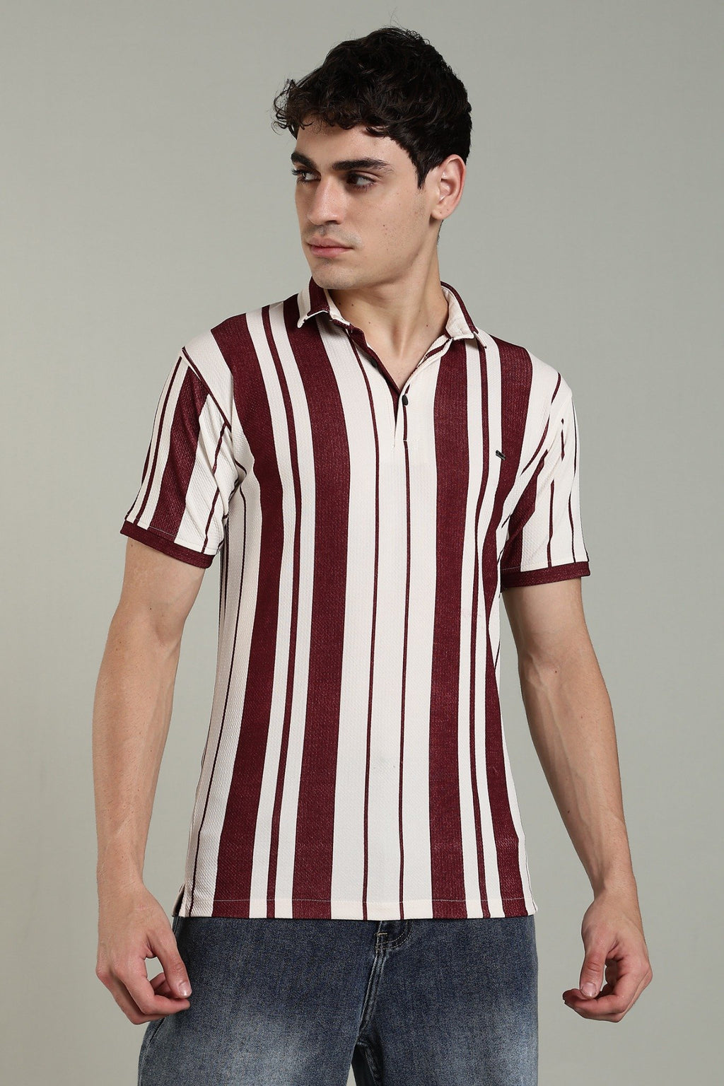 Men’s Premium Maroon & White Vertical Striped Polo T-Shirt