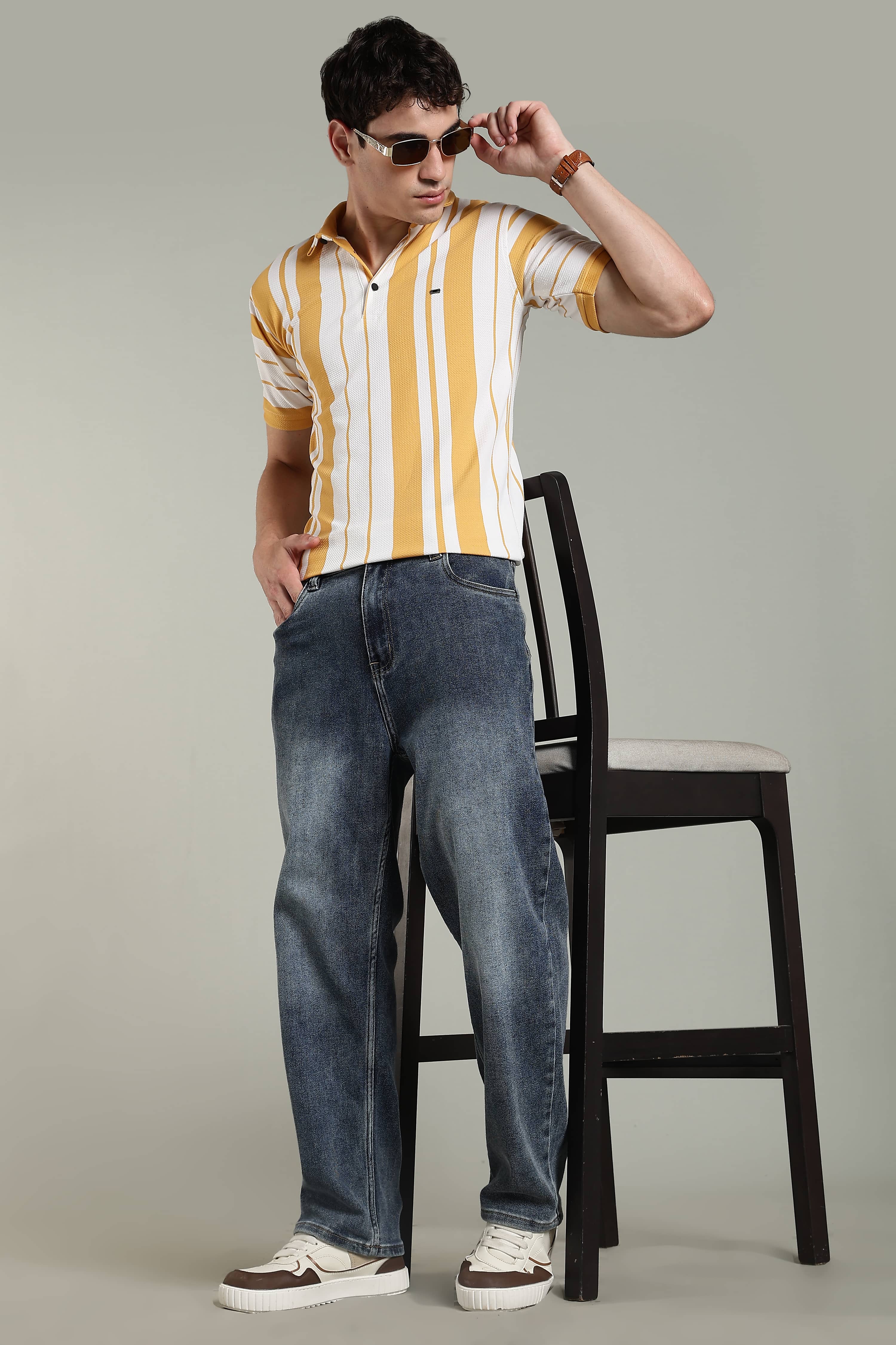 Men’s Premium Yellow & White Vertical Striped Polo T-Shirt