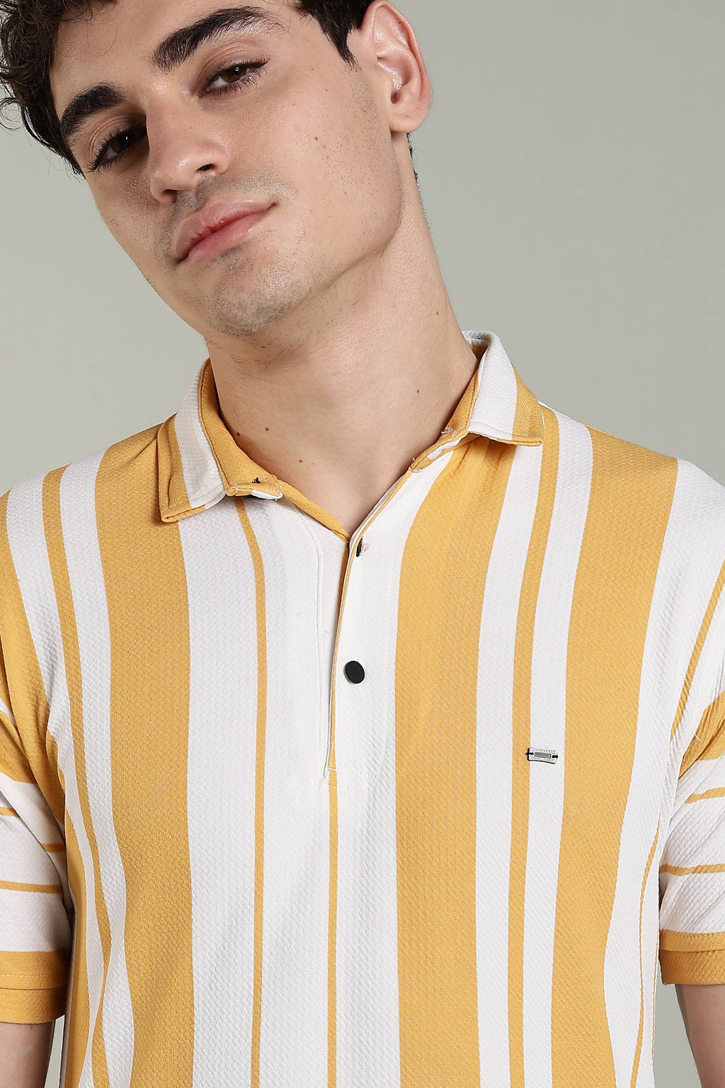 Men’s Premium Yellow & White Vertical Striped Polo T-Shirt