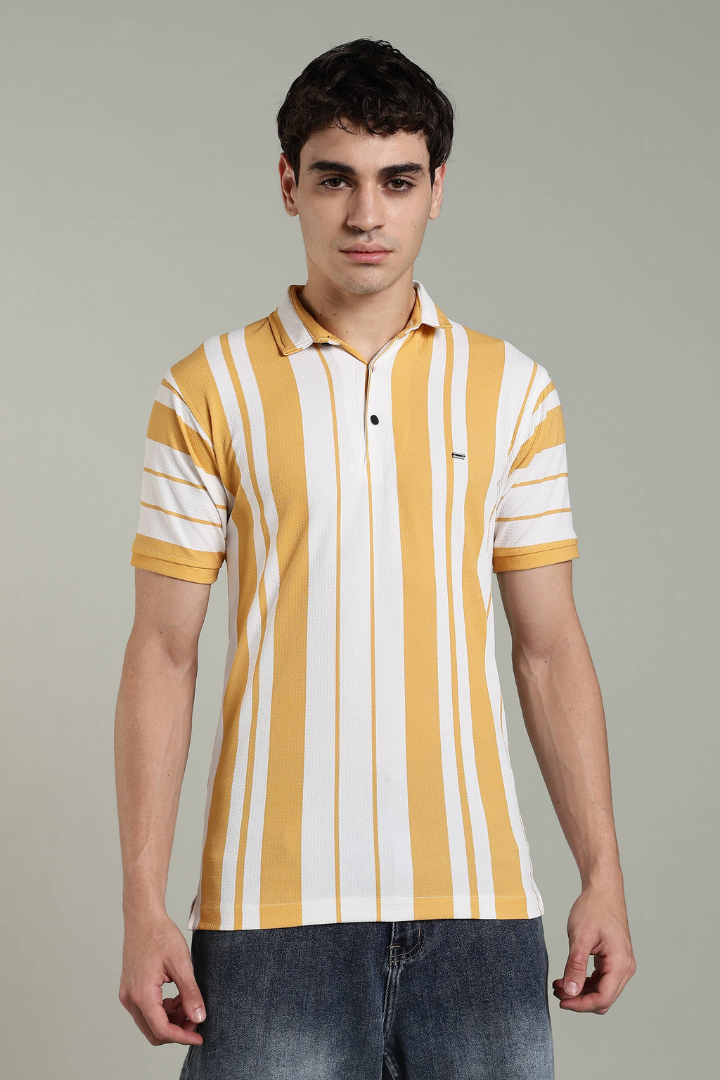 Men’s Premium Yellow & White Vertical Striped Polo T-Shirt