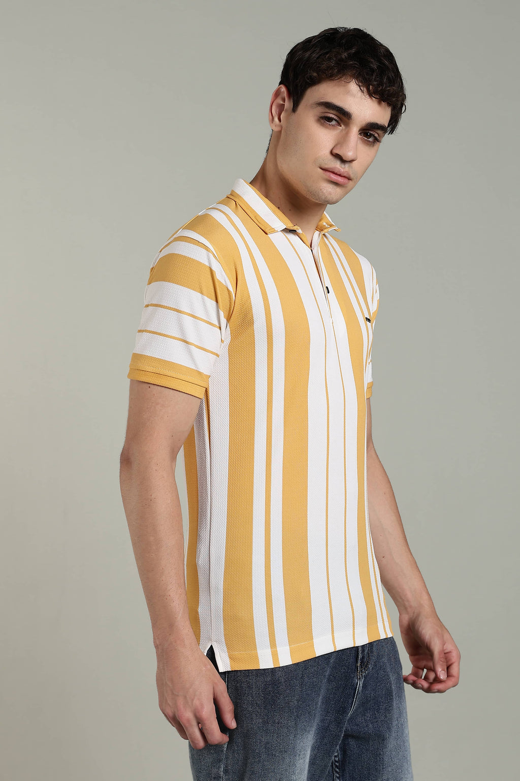 Men’s Premium Yellow & White Vertical Striped Polo T-Shirt