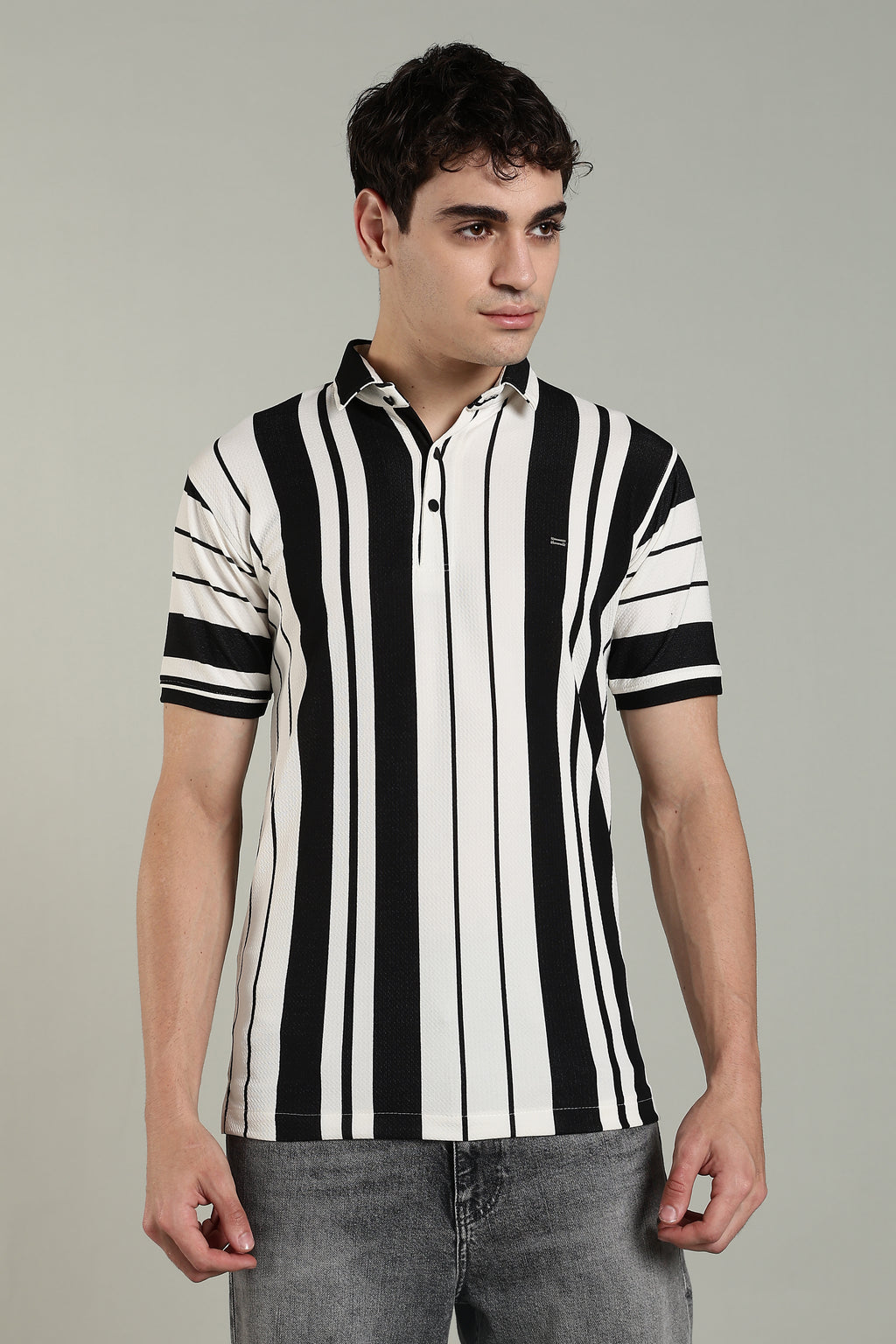 Men’s Premium Black & White Vertical Striped Polo T-Shirt