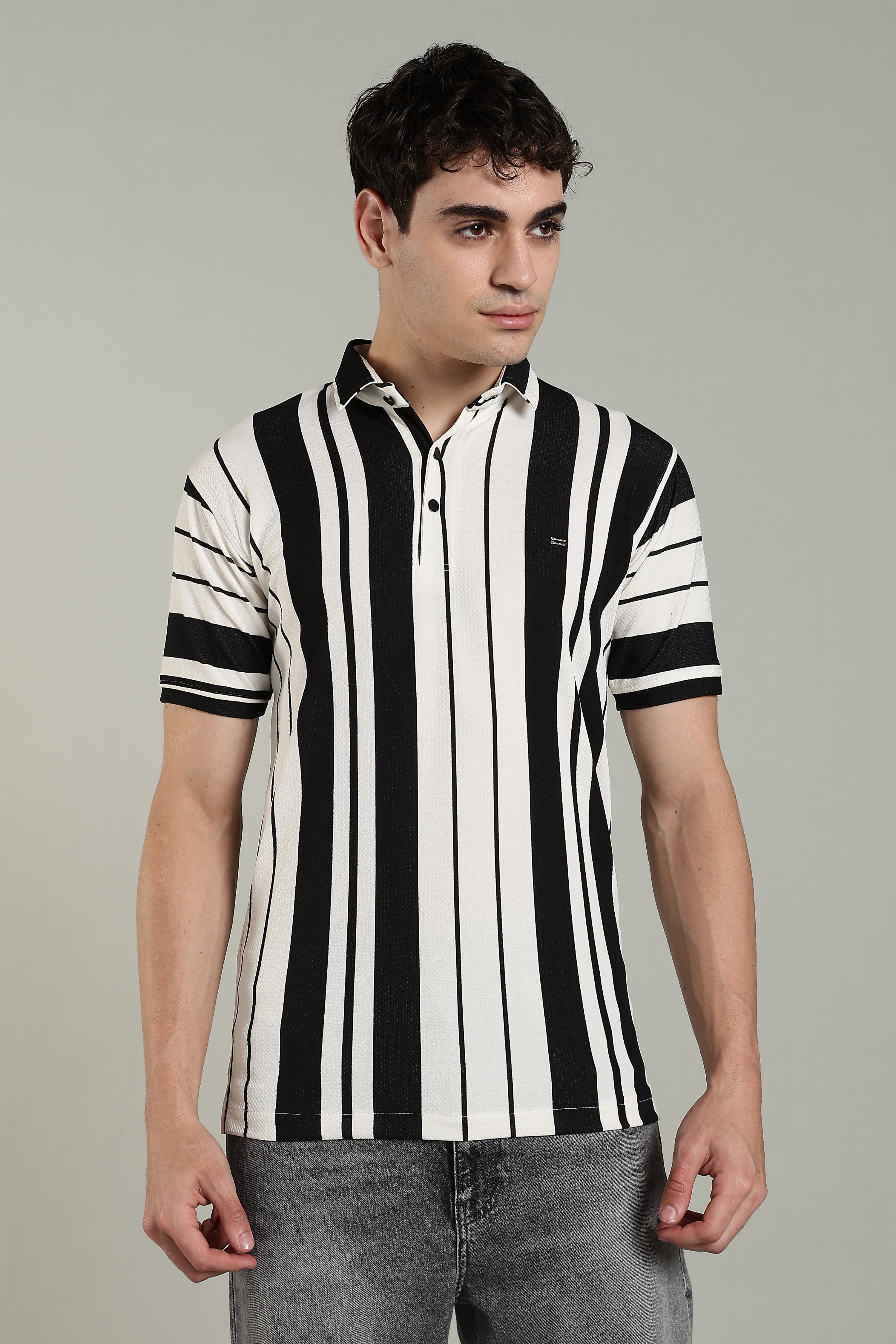 Men’s Premium Black & White Vertical Striped Polo T-Shirt