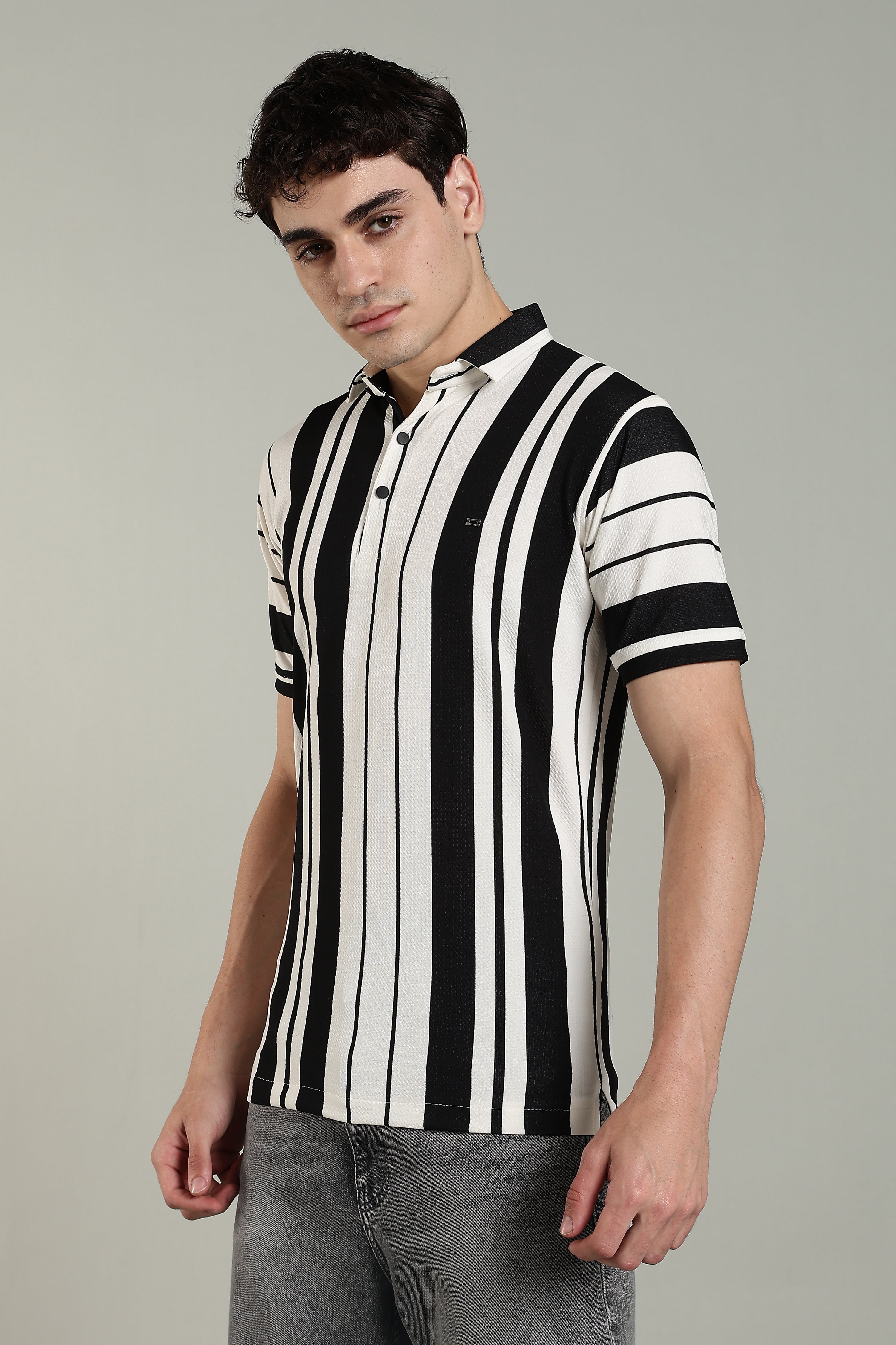 Men’s Premium Black & White Vertical Striped Polo T-Shirt