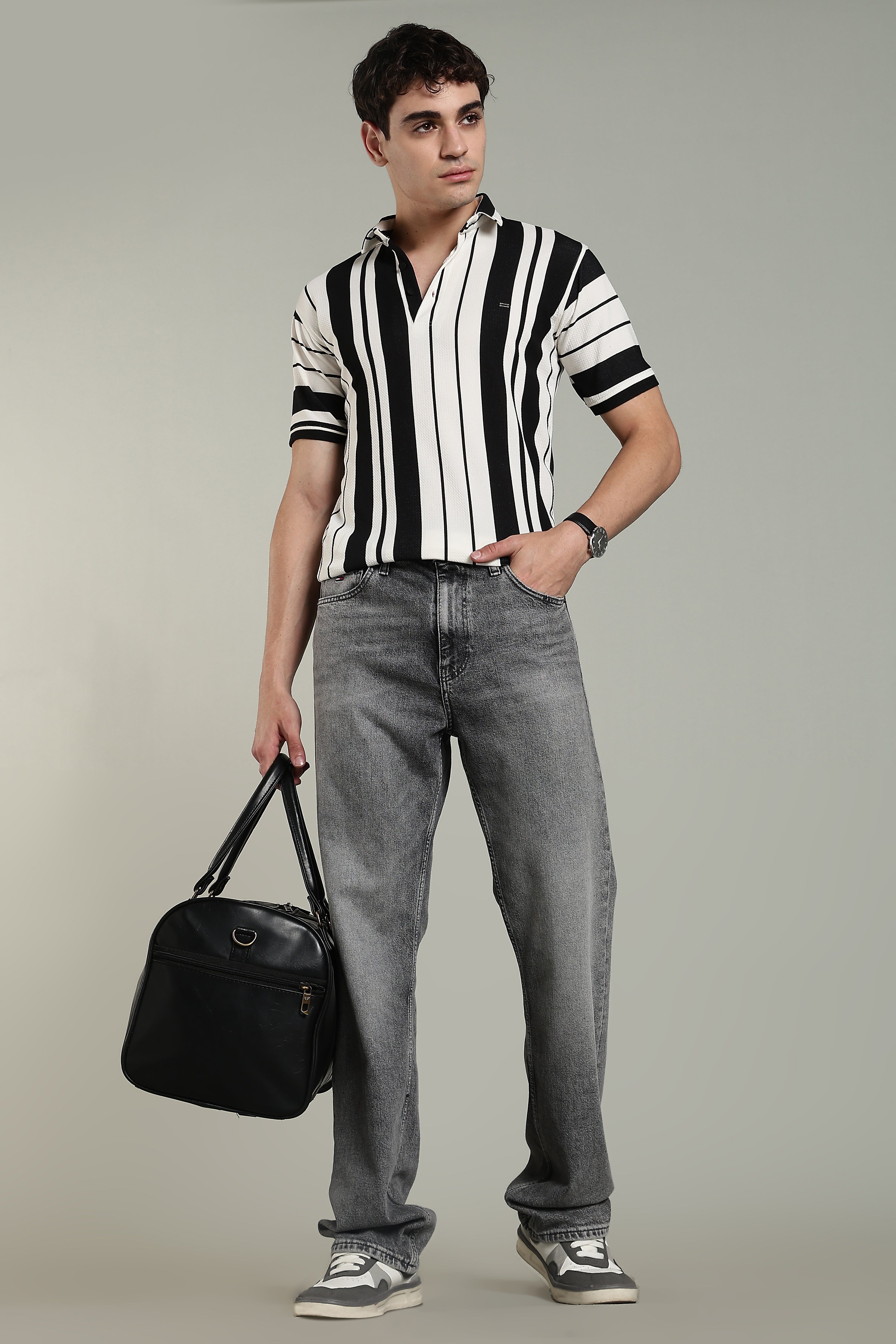 Men’s Premium Black & White Vertical Striped Polo T-Shirt