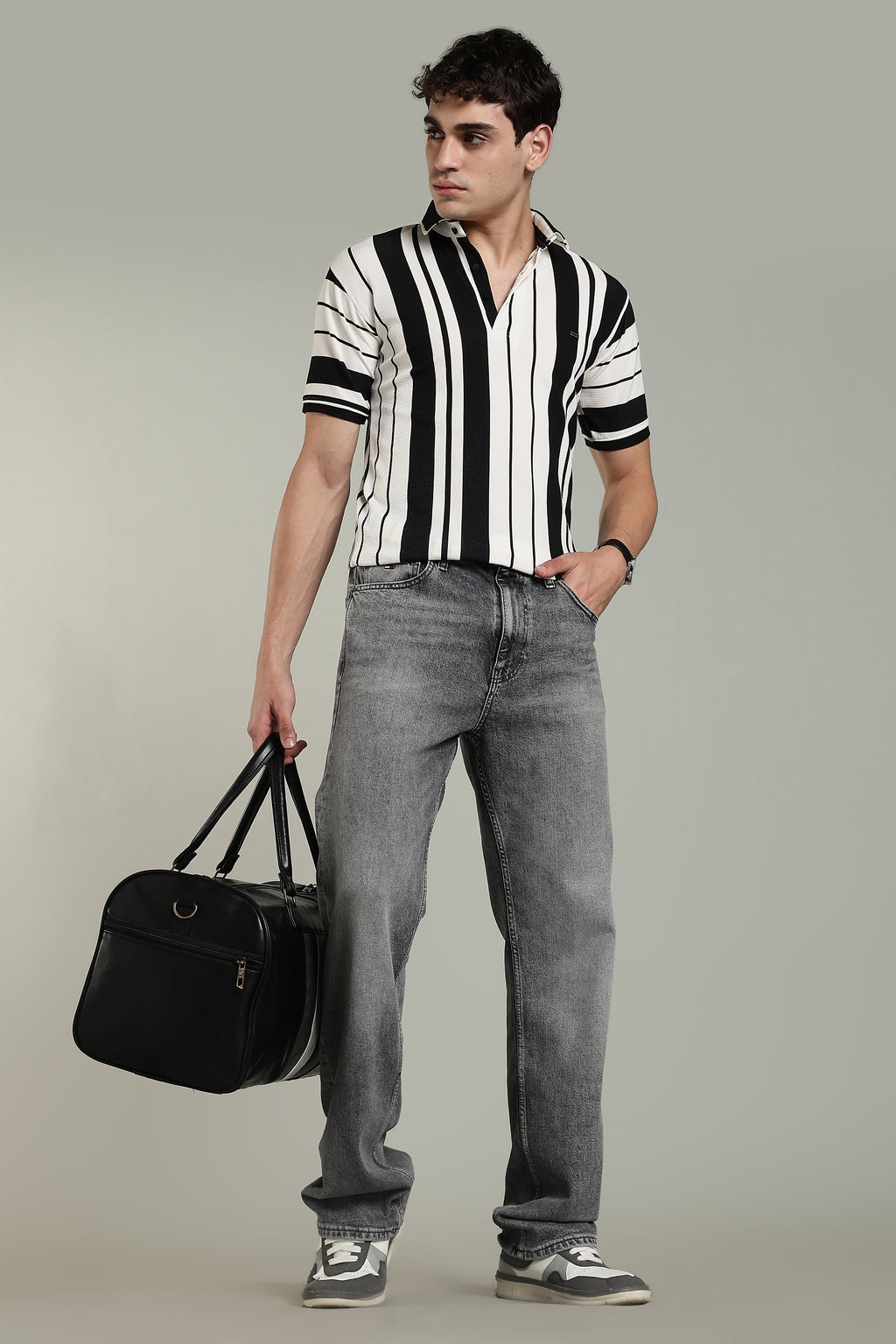 Men’s Premium Black & White Vertical Striped Polo T-Shirt