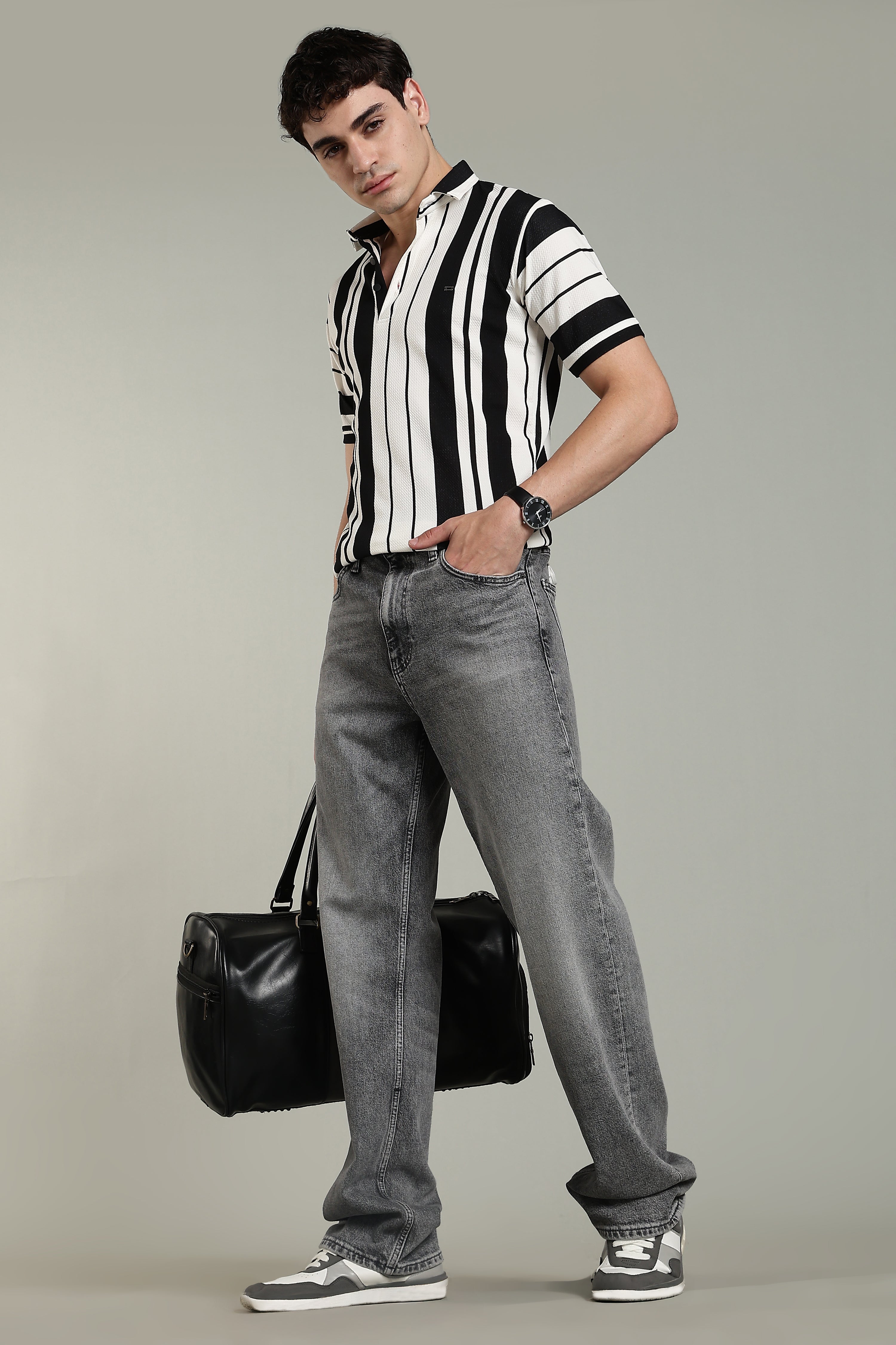 Men’s Premium Black & White Vertical Striped Polo T-Shirt