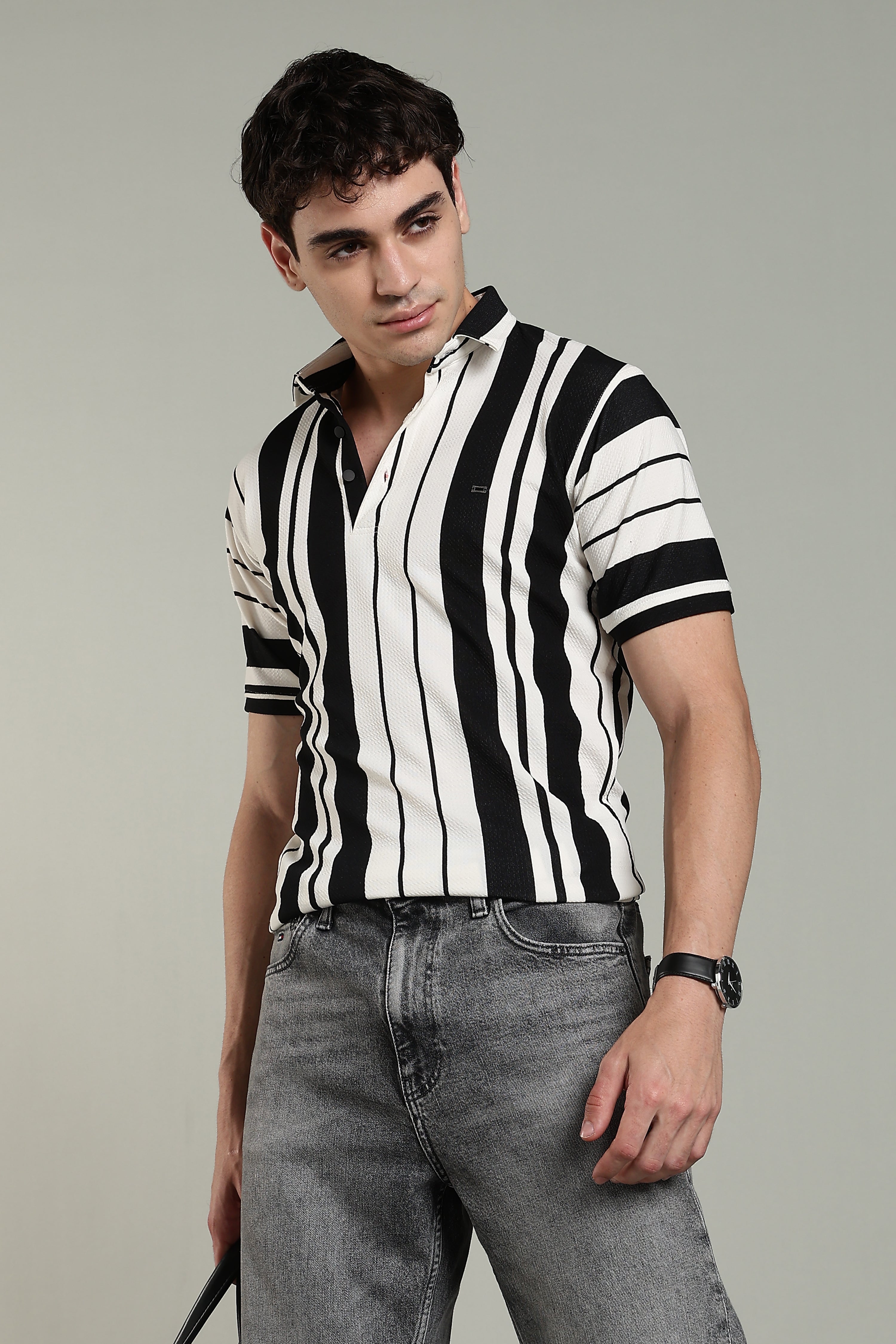 Men’s Premium Black & White Vertical Striped Polo T-Shirt