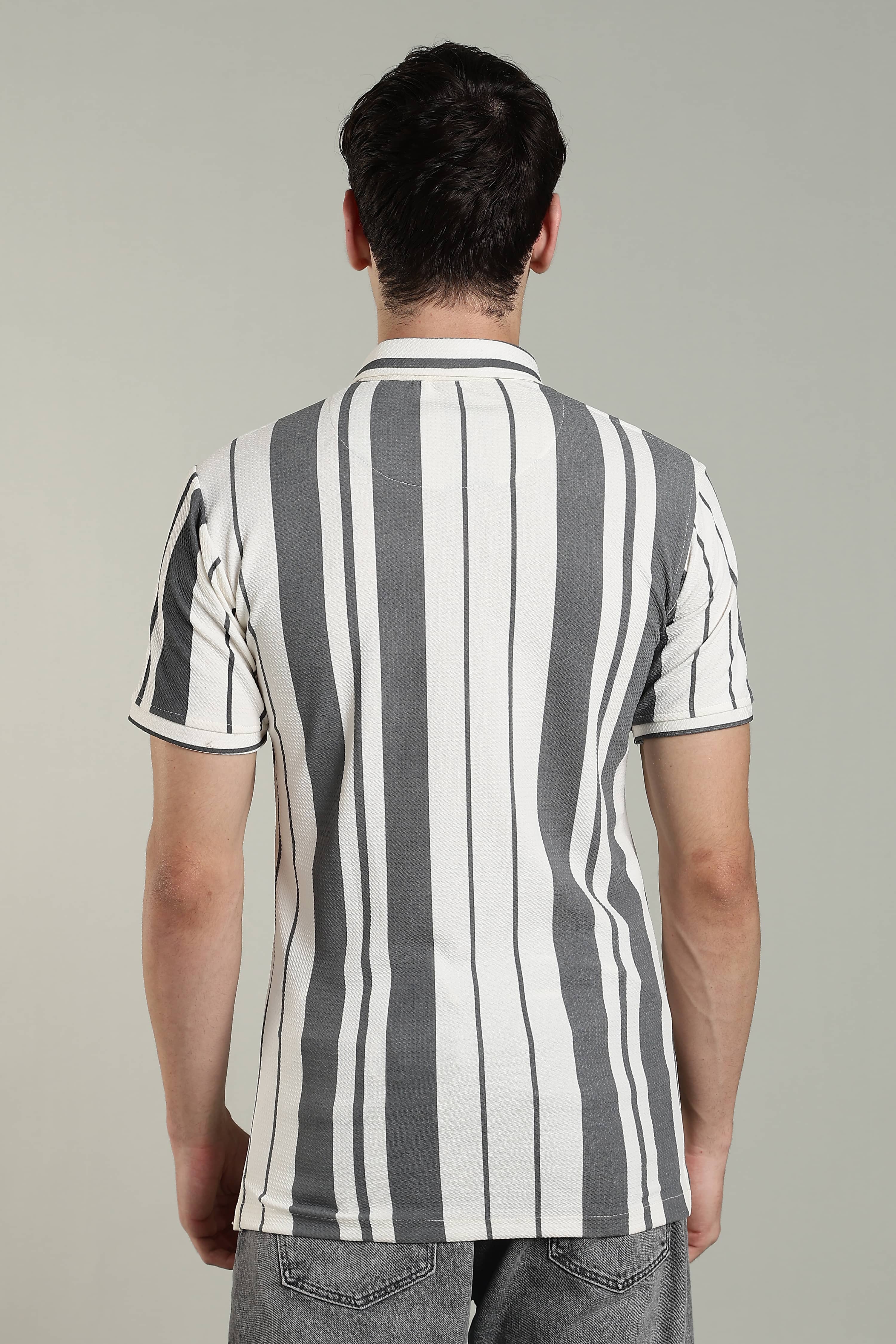 Men’s Premium Grey & White Vertical Striped Polo T-Shirt