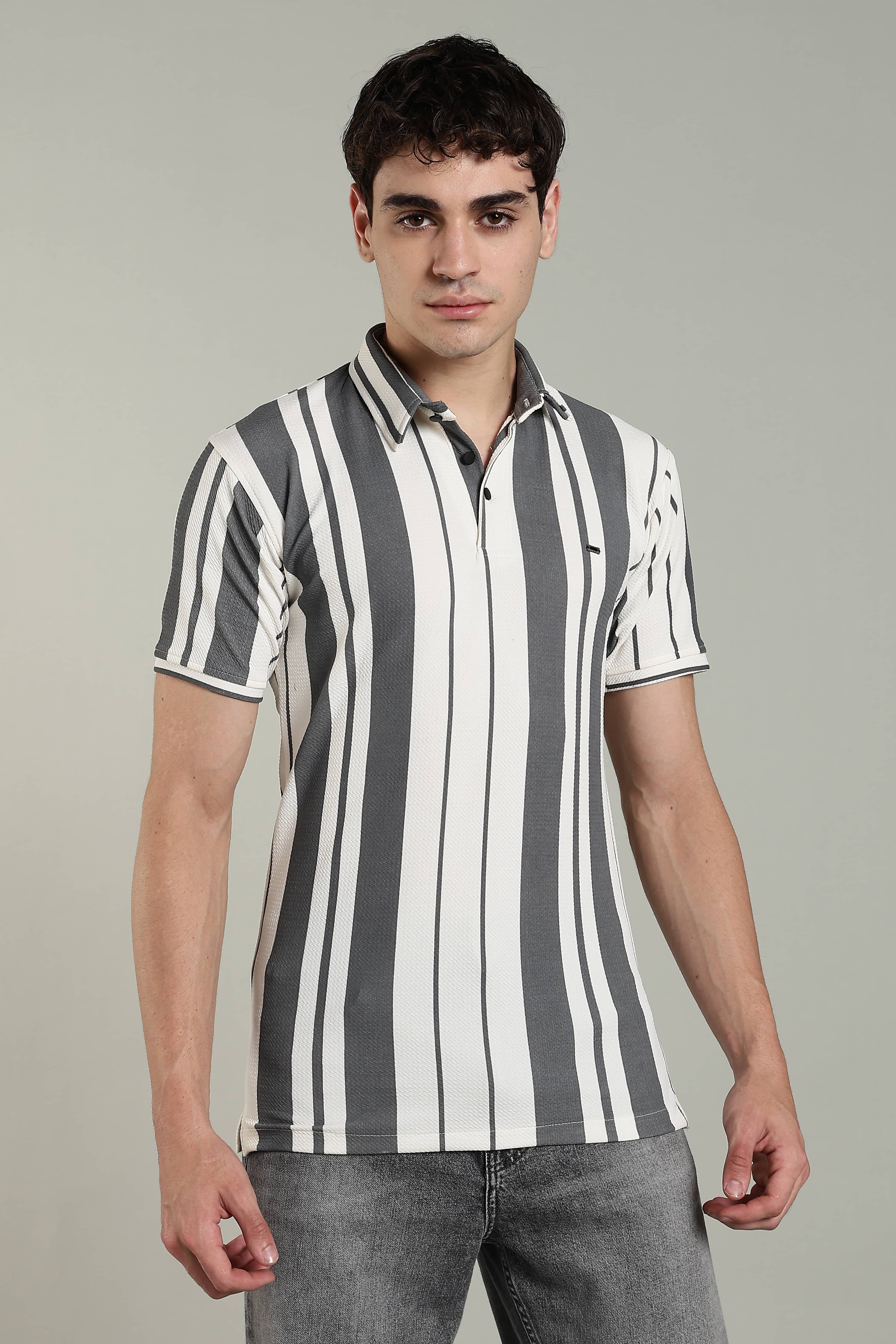 Men’s Premium Grey & White Vertical Striped Polo T-Shirt
