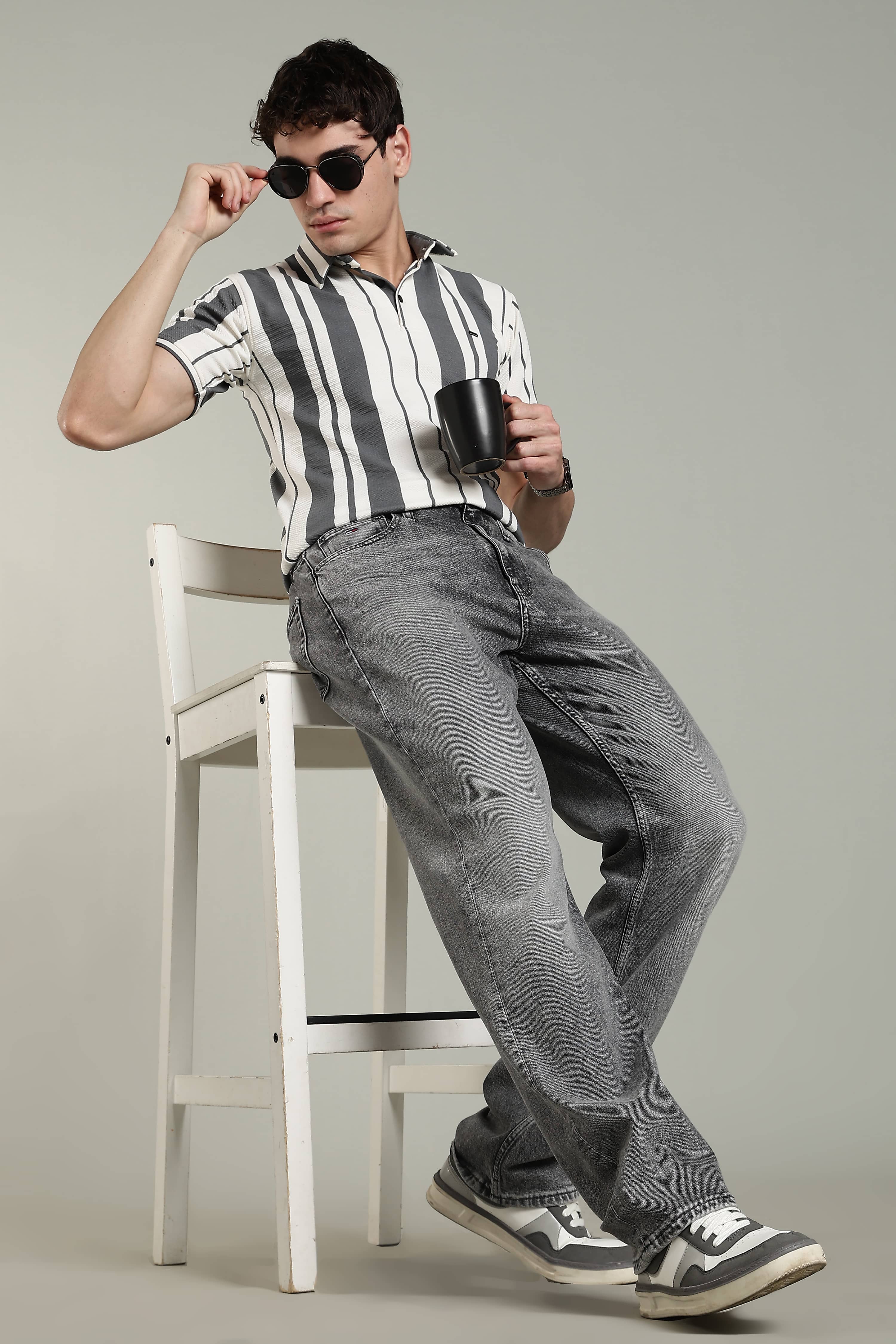 Men’s Premium Grey & White Vertical Striped Polo T-Shirt