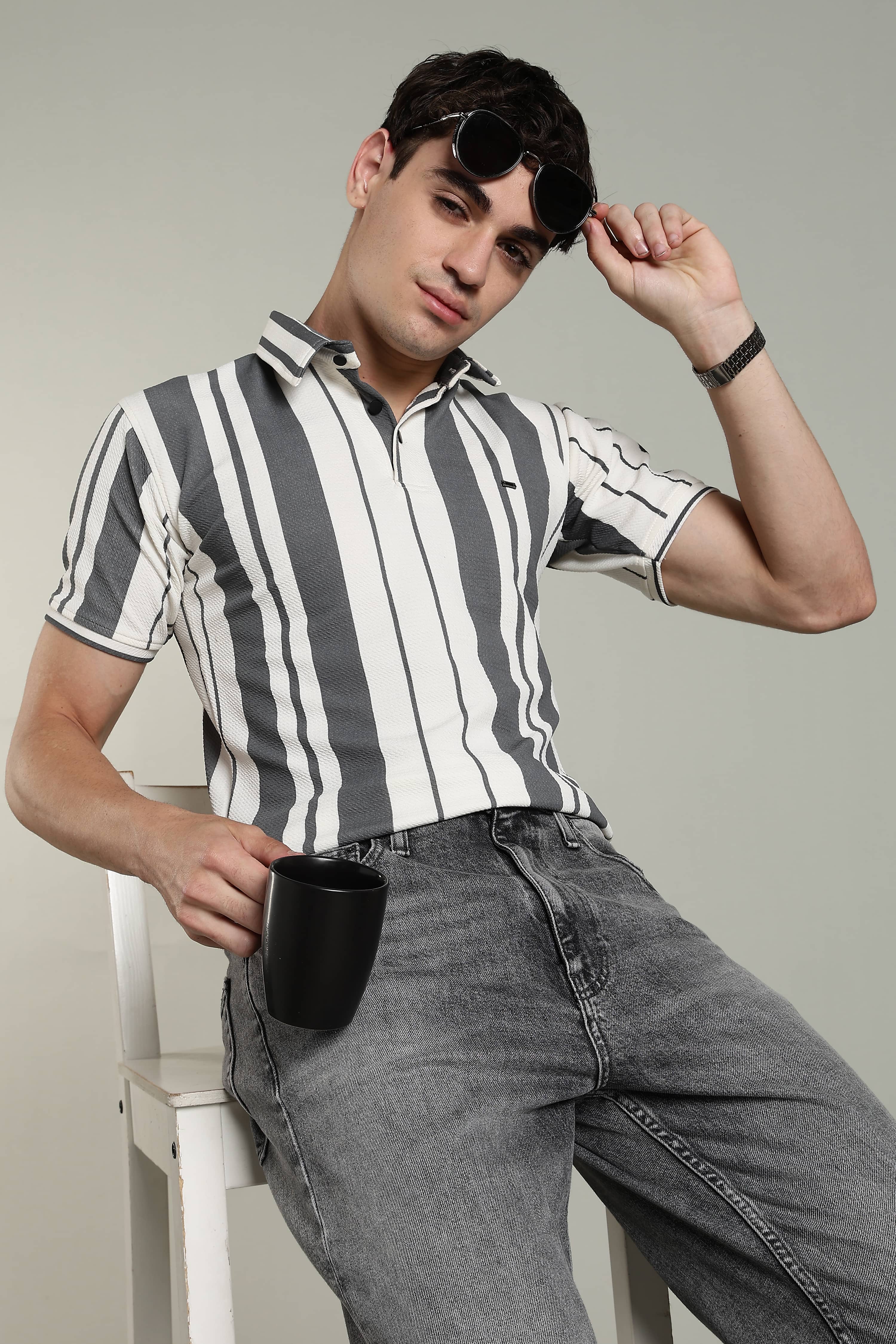 Men’s Premium Grey & White Vertical Striped Polo T-Shirt
