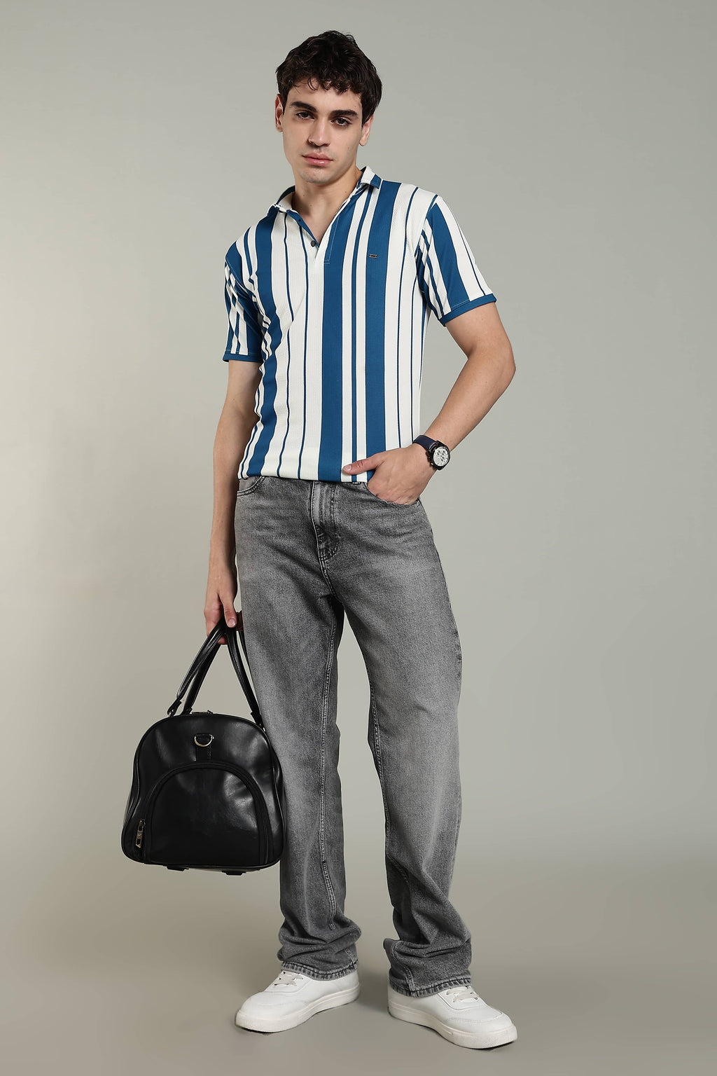 Men’s Premium Blue & White Vertical Striped Polo T-Shirt