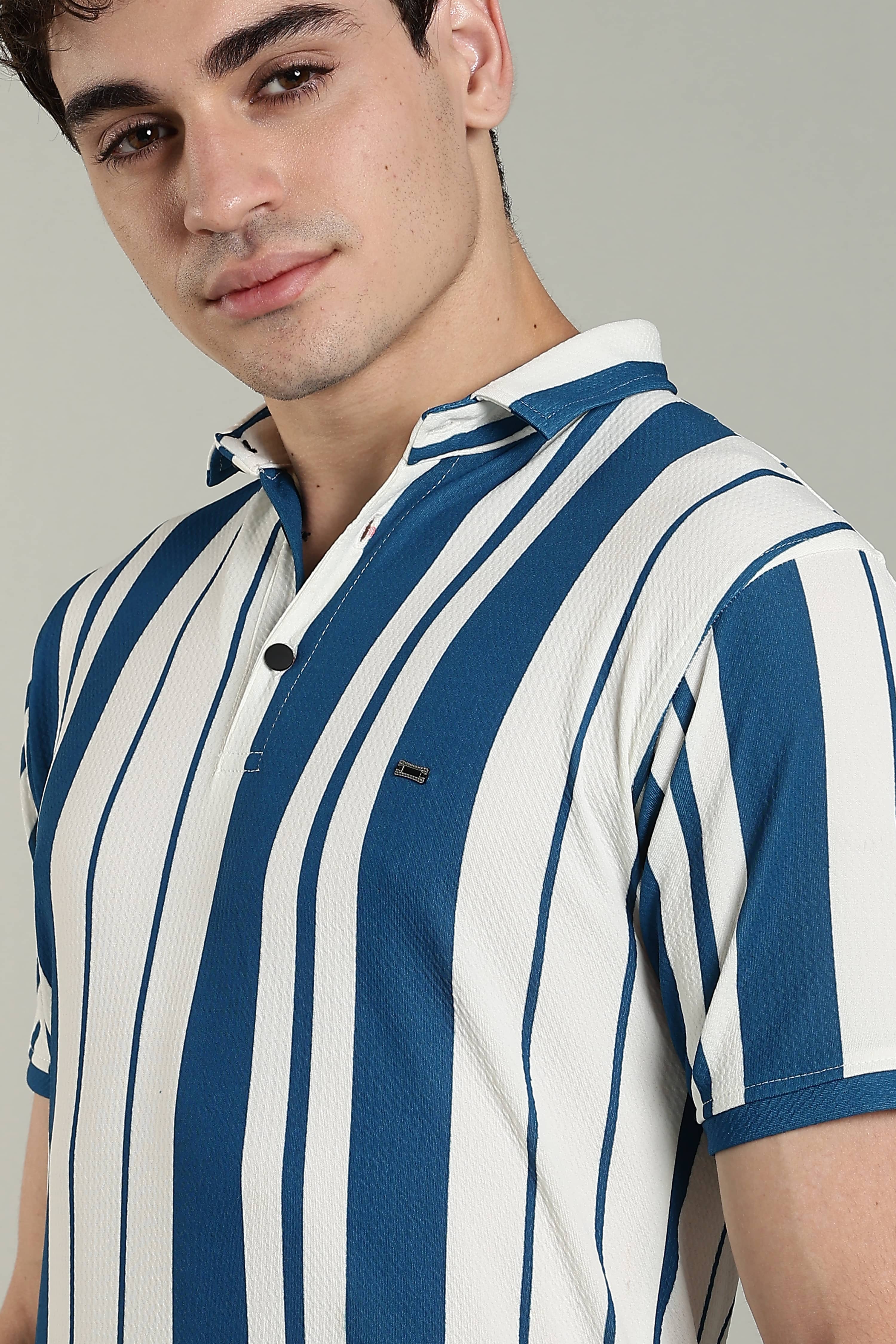 Men’s Premium Blue & White Vertical Striped Polo T-Shirt