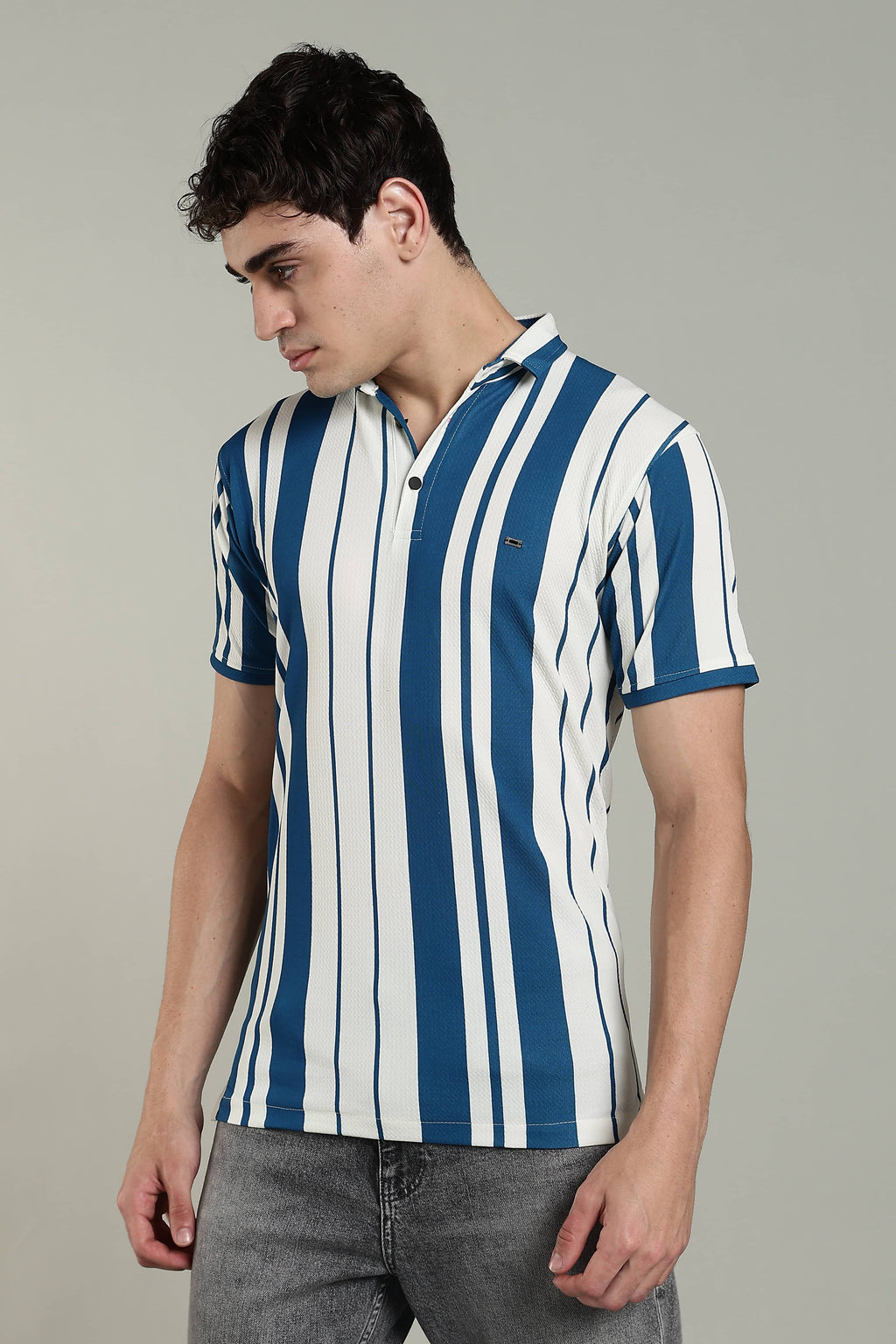 Men’s Premium Blue & White Vertical Striped Polo T-Shirt