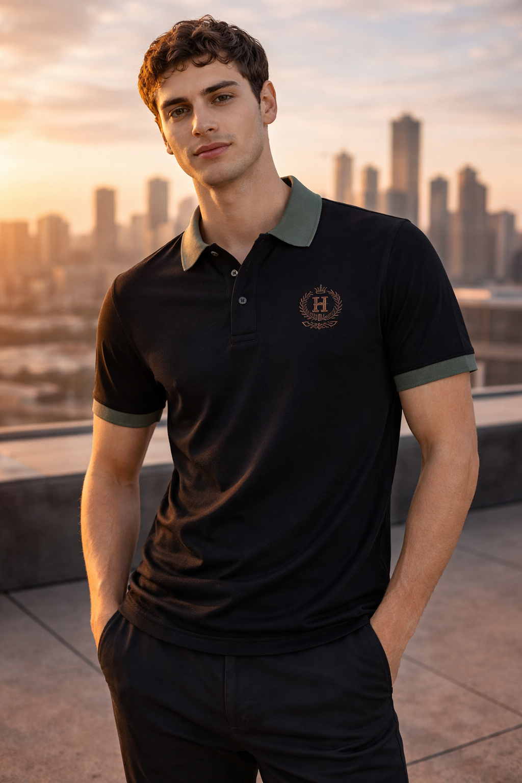 Men’s Black Polo T-Shirt with Olive Collar | Premium Casual Slim Fit Polo Tee
