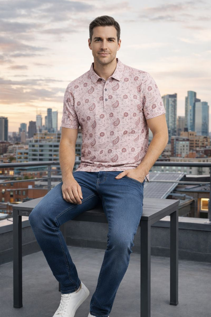 Men’s Classic Pink Floral Short Sleeve T-Shirt – Slim Fit Casual Wear | Stylish Summer Polo T-Shirt