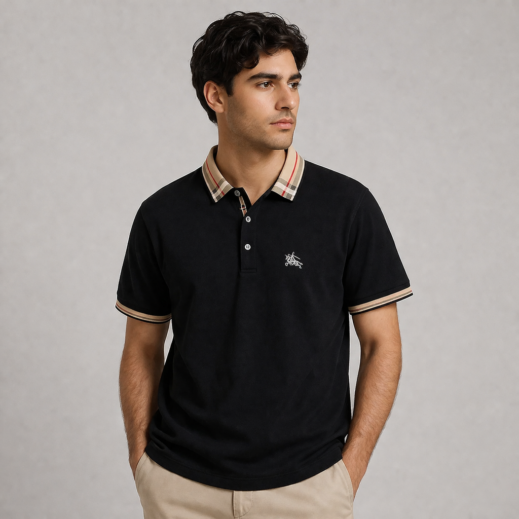 Men’s Premium Black Polo T-Shirt with Checked Collar | Korean Style Slim Fit Casual Polo Tee for Men