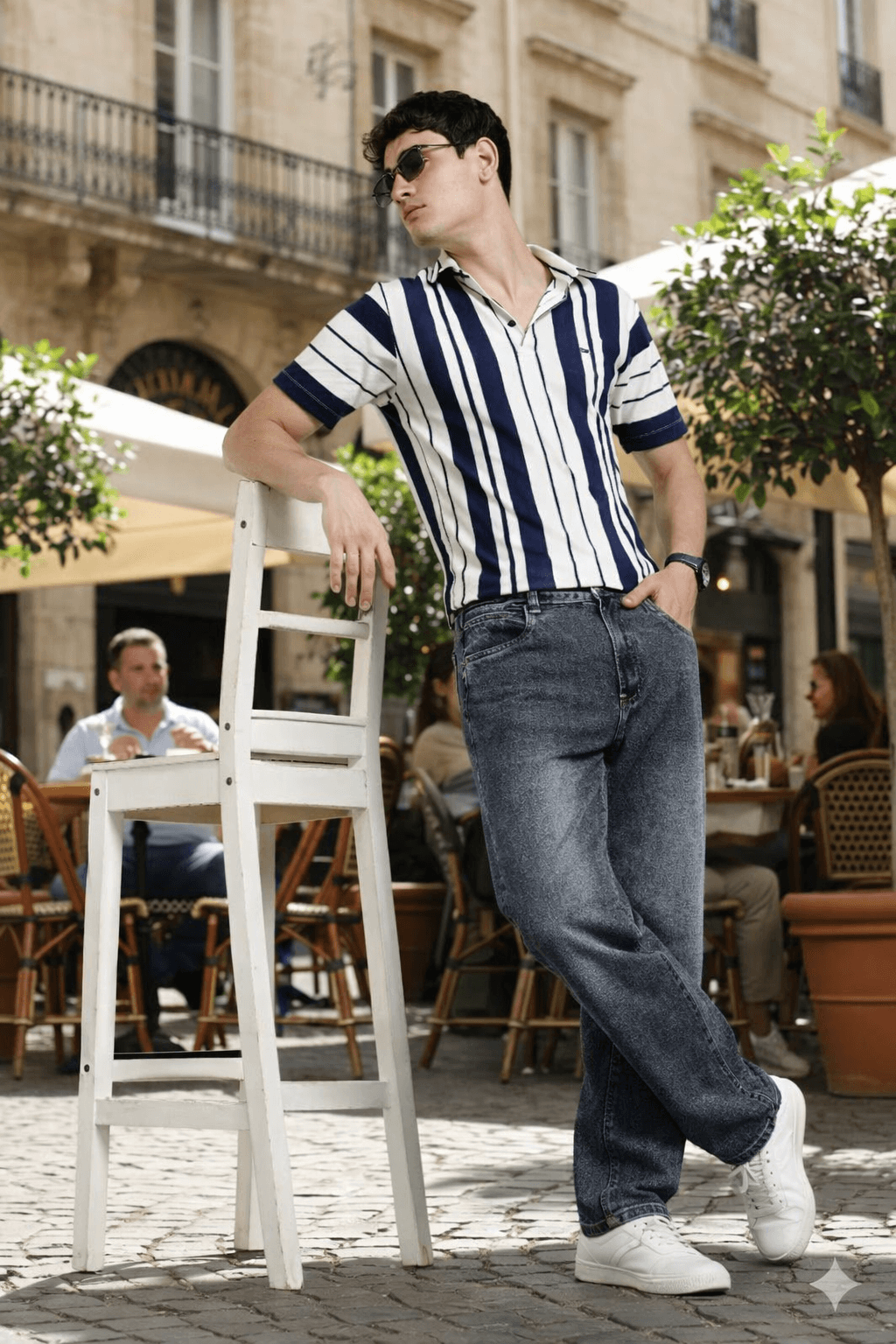 Men’s Premium Navy & White Vertical Striped Polo T-Shirt