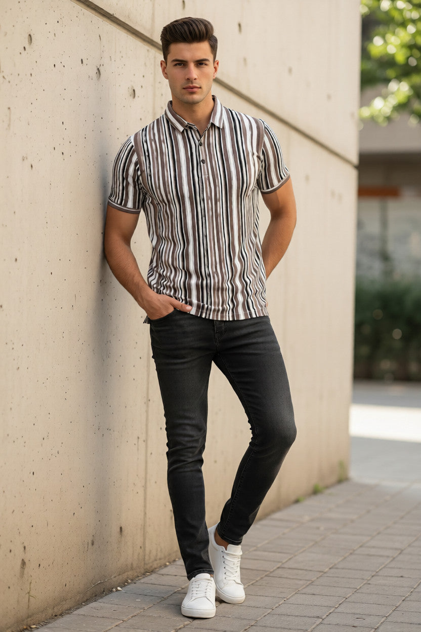 Men’s Purpal Vertical Stripe Casual Half Sleeve T-Shirt