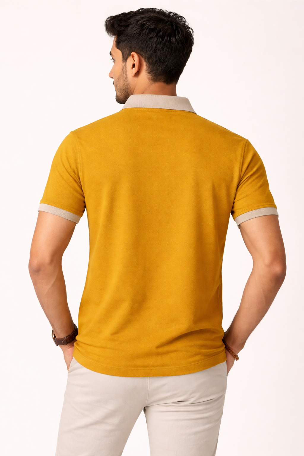 Men’s Mustard Yellow Polo T-Shirt with Contrast Beige Collar | Premium Cotton Slim Fit Casual Polo