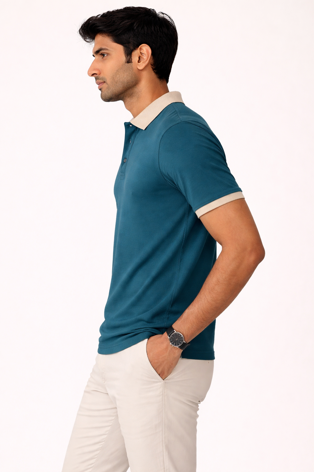 Men’s Teal Polo T-Shirt with Beige Collar | Premium Cotton Half Sleeve Polo T-shirt