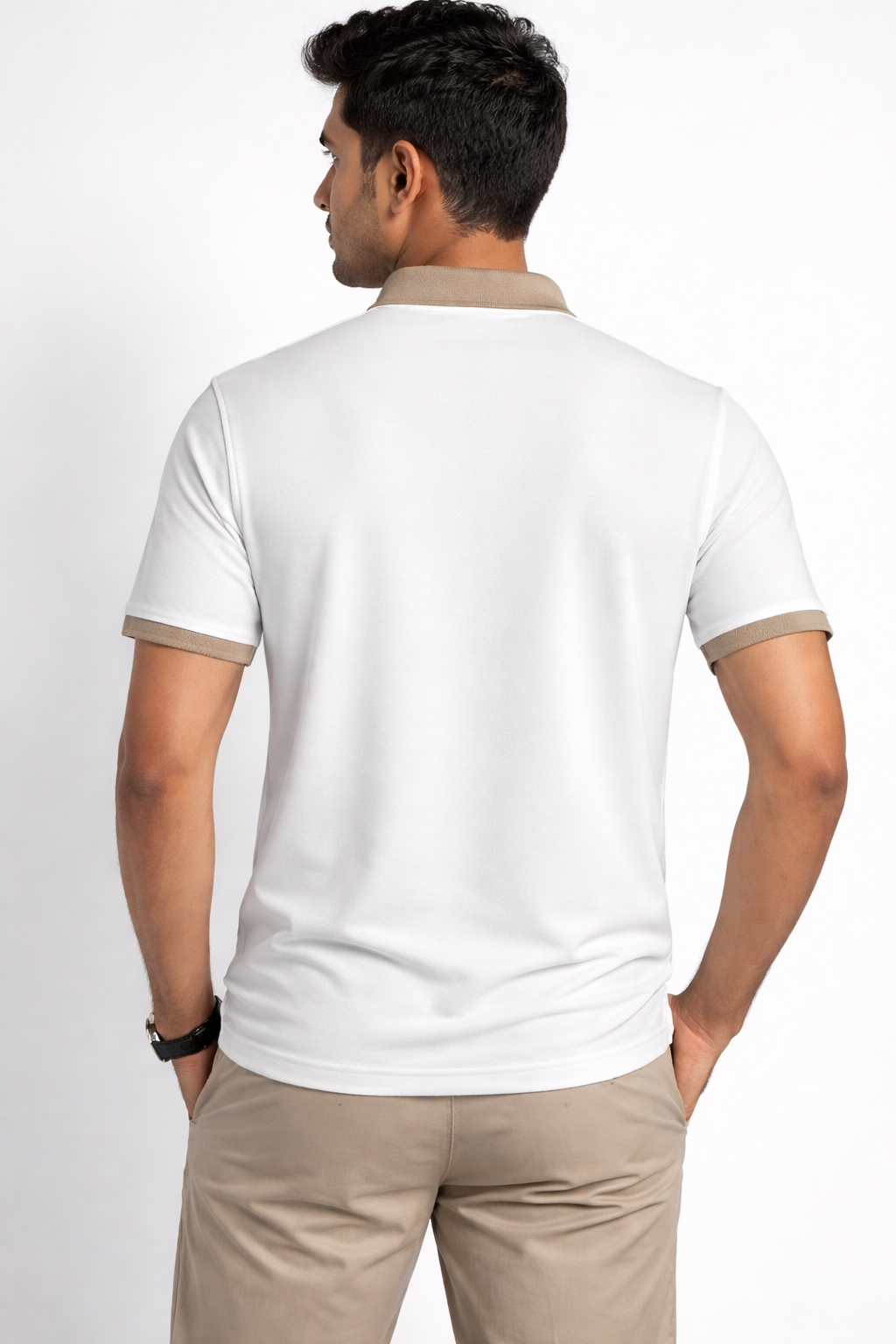 Men’s Premium White Polo T-Shirt with Beige Collar | Stylish Cotton Polo for Casual & Smart Wear