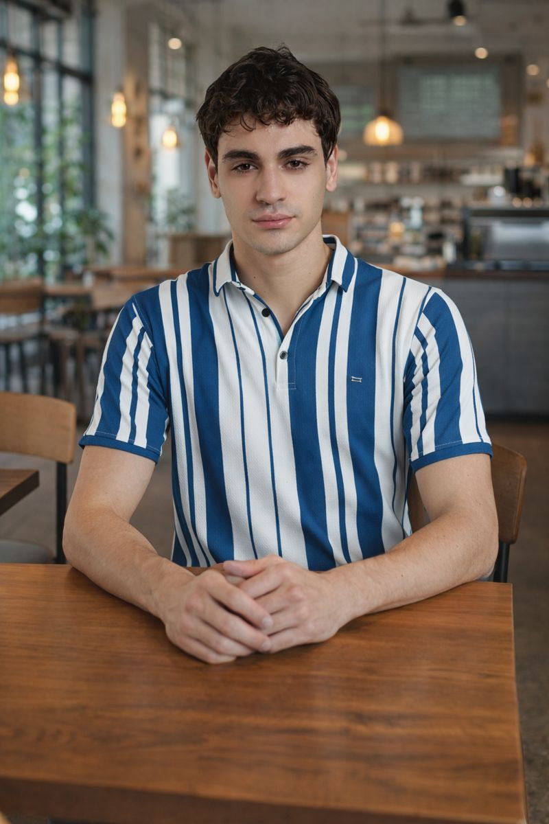 Men’s Premium Blue & White Vertical Striped Polo T-Shirt