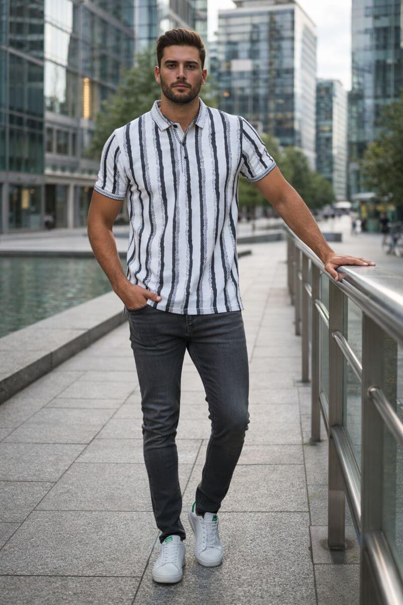 Men’s Black & White Vertical Stripe Polo Shirt – Smart Casual Everyday Wear