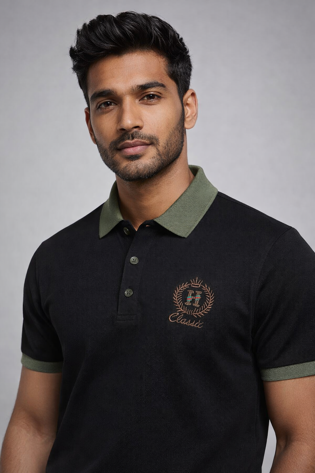 Men’s Black Polo T-Shirt with Olive Collar | Premium Casual Slim Fit Polo Tee