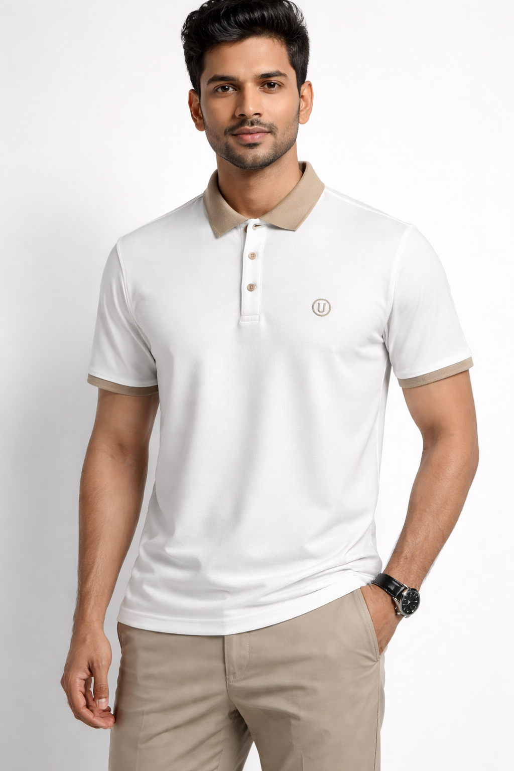 Men’s Premium White Polo T-Shirt with Beige Collar | Stylish Cotton Polo for Casual & Smart Wear