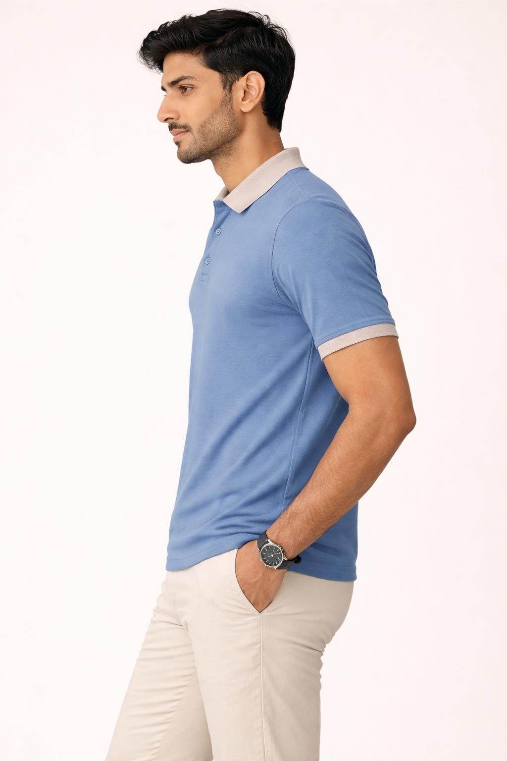 Men’s Sky Blue Polo T-Shirt with Contrast Beige Collar | Premium Cotton Slim Fit Casual Polo Tee
